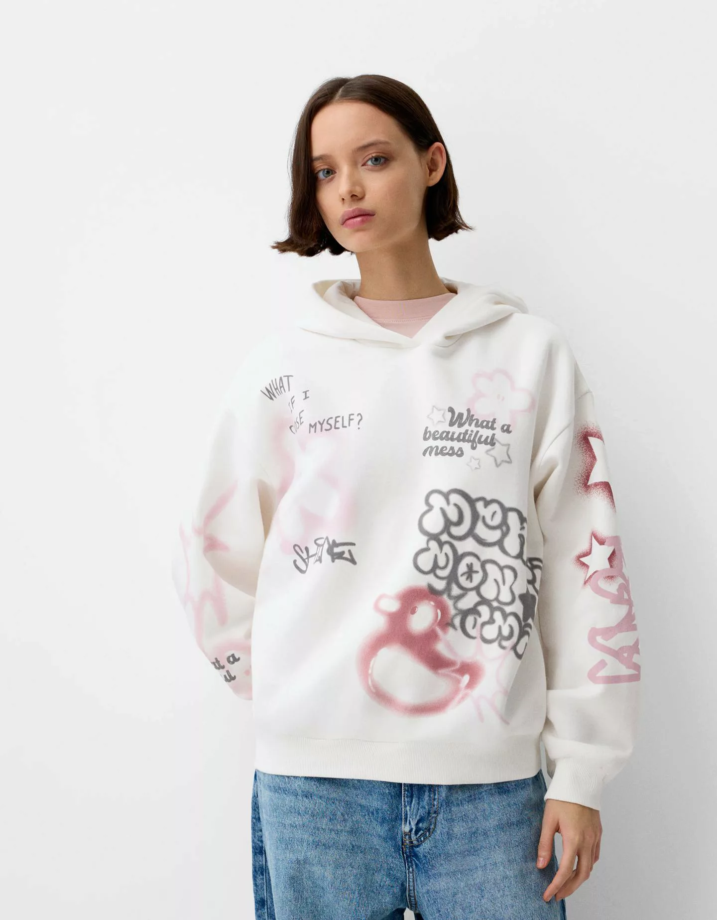 Bershka Hoodie Mit Print Damen S Weiss günstig online kaufen