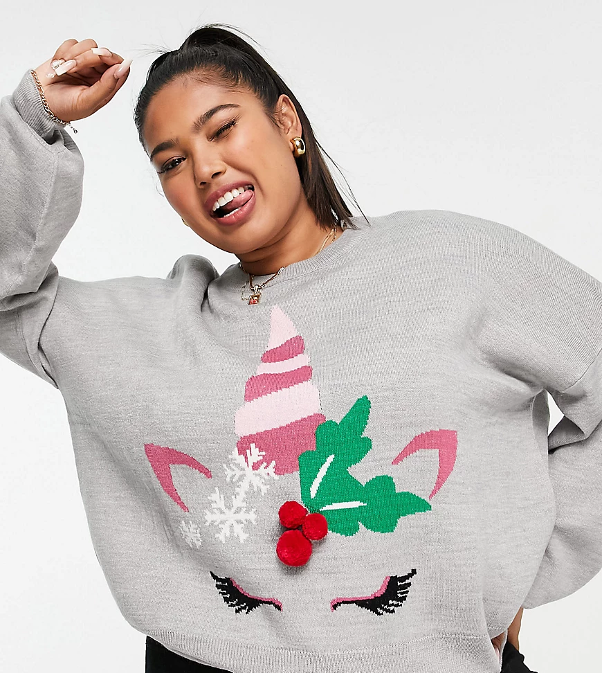 Threadbare Plus – Weihnachtspullover in Grau mit Einhorn-Motiv günstig online kaufen