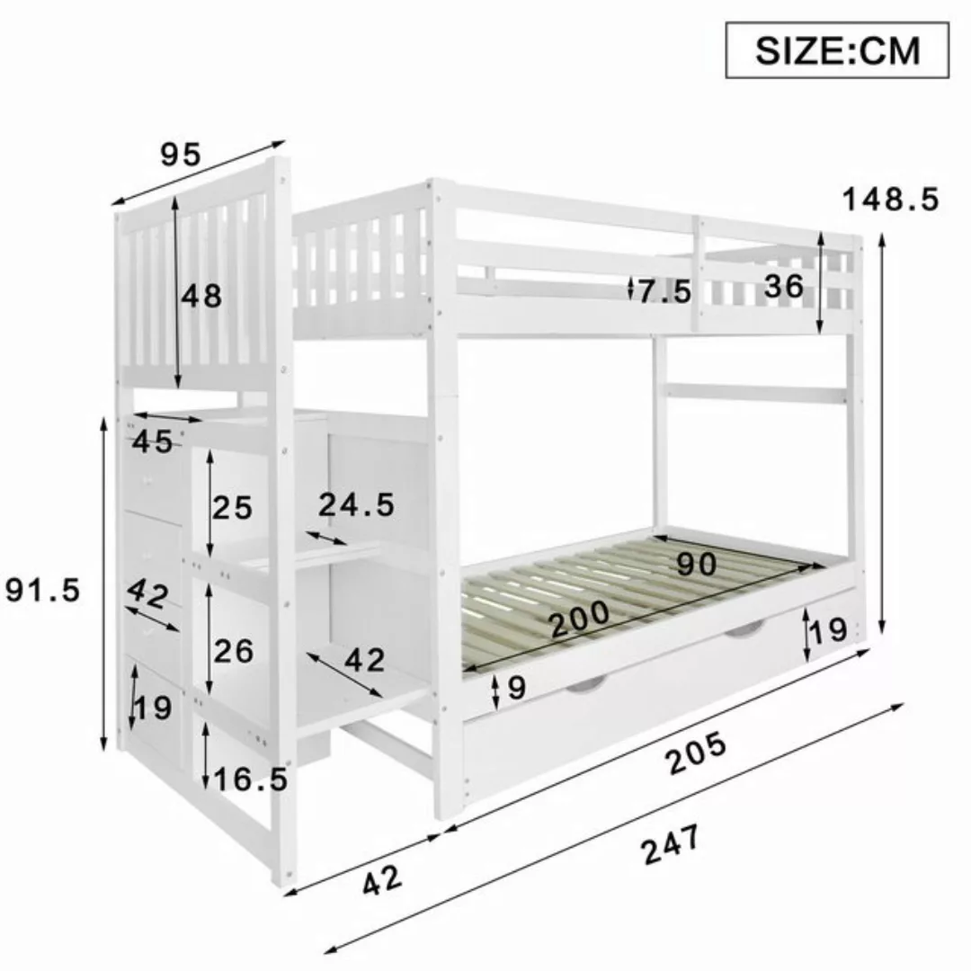 Flieks Etagenbett, 3er Kinderbett 90x200cm mit 4 Schubladen und Ausziehbett günstig online kaufen