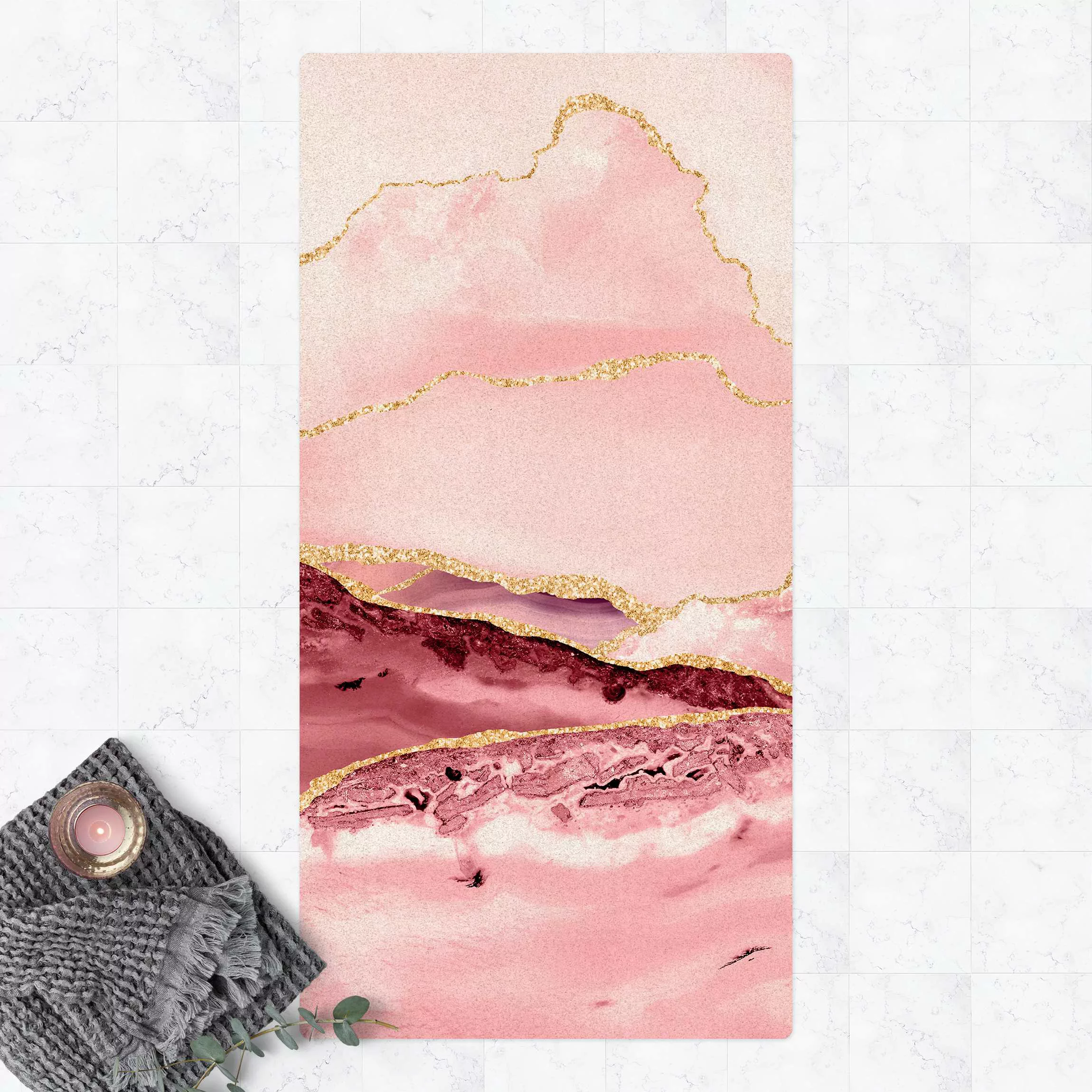 Kork-Teppich Abstrakte Berge Rosa mit Goldenen Linien günstig online kaufen