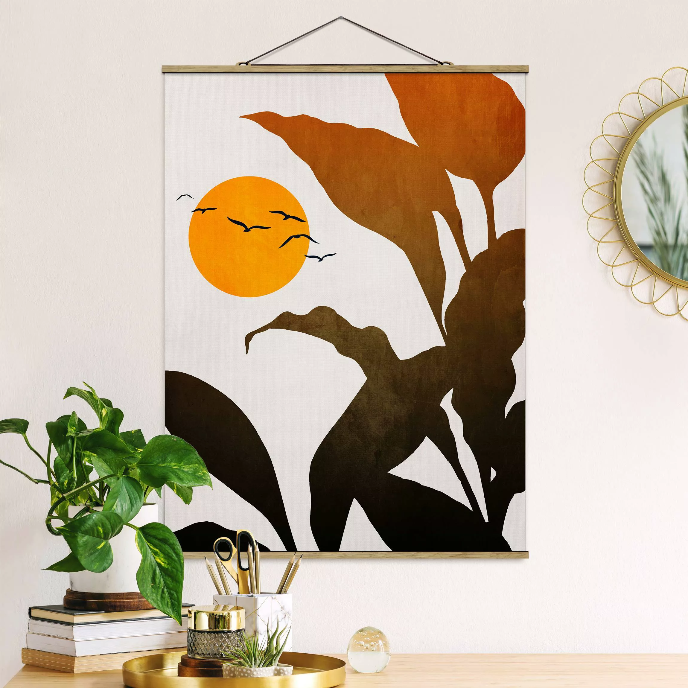 Stoffbild mit Posterleisten Pflanzenwelt mit gelber Sonne günstig online kaufen