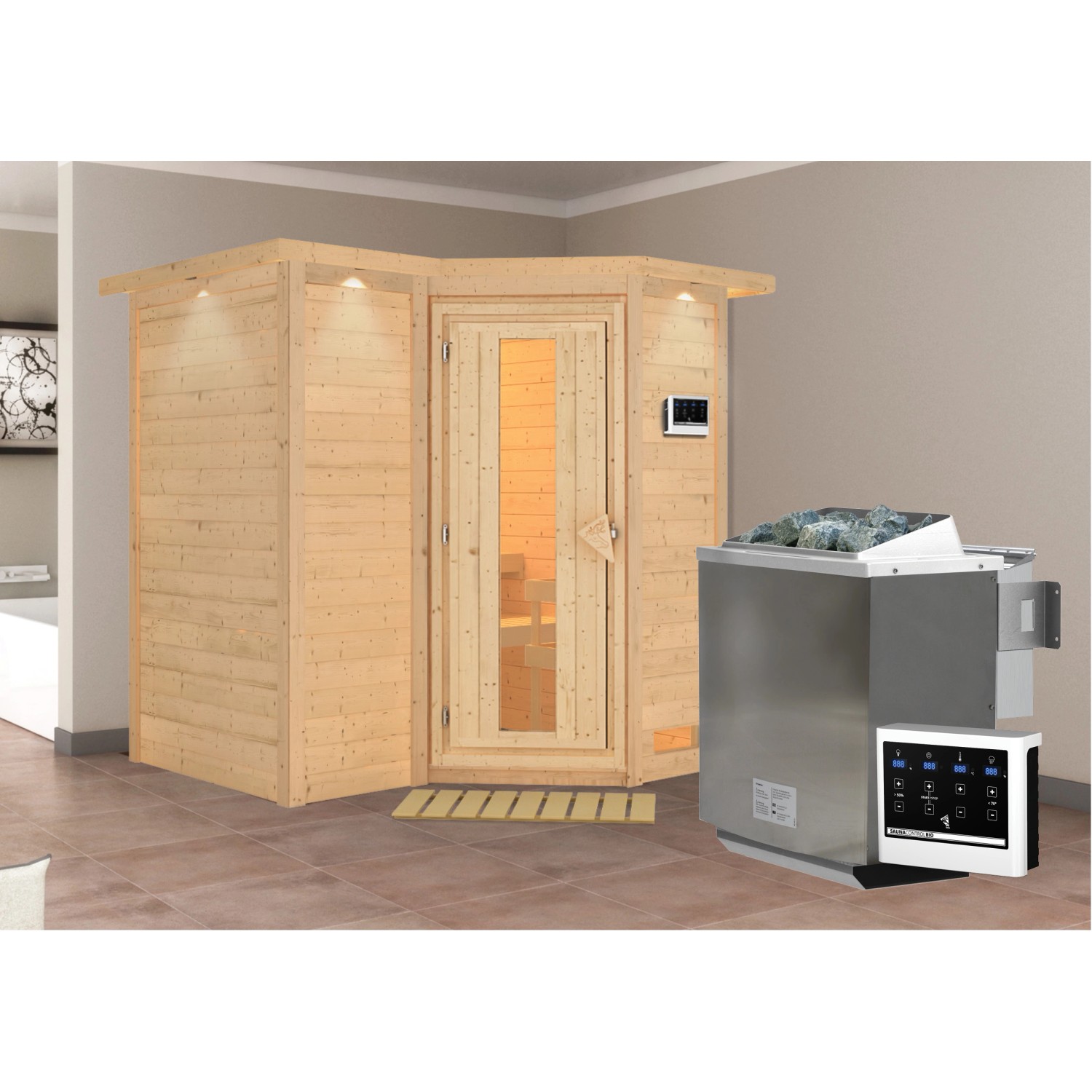 Woodfeeling Sauna Steena 1 inkl. Bio-Ofen 9 kW ext. Strg., Dachkranz, Energ günstig online kaufen