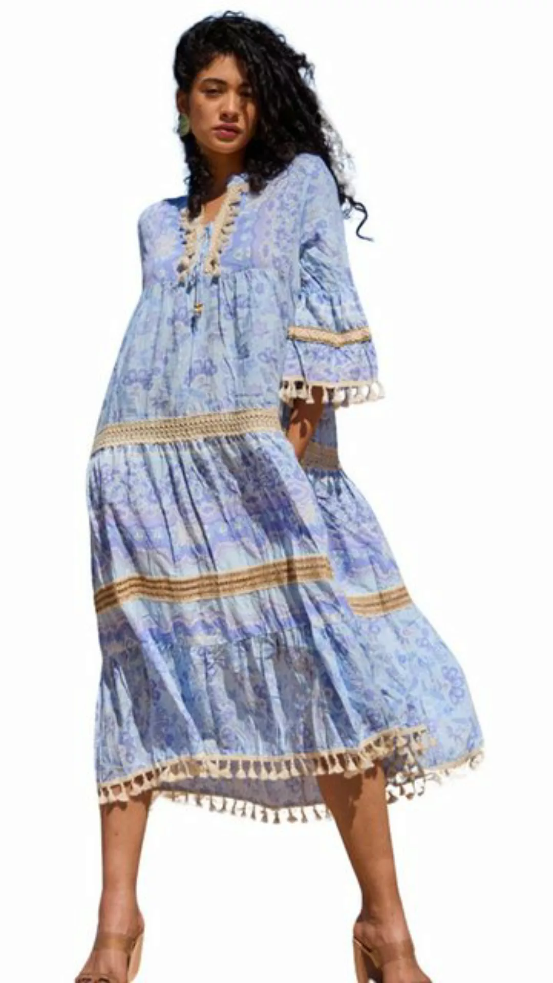 Charis Moda Maxikleid Sommerkleid im Bohemian Look V-Ausschnitt Pomponsbord günstig online kaufen