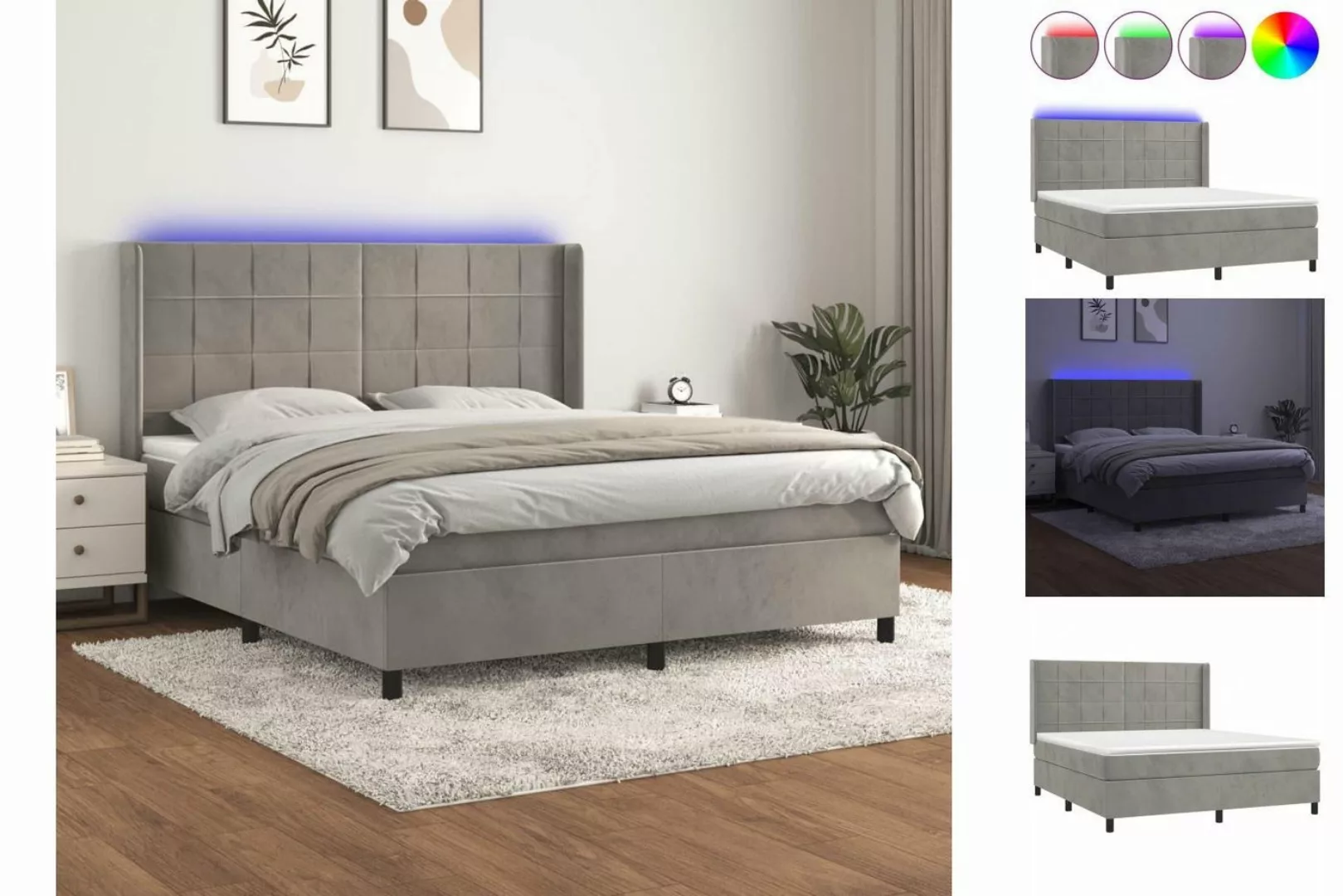 vidaXL Bettgestell Boxspringbett mit Matratze LED Hellgrau 180x200 cm Samt günstig online kaufen