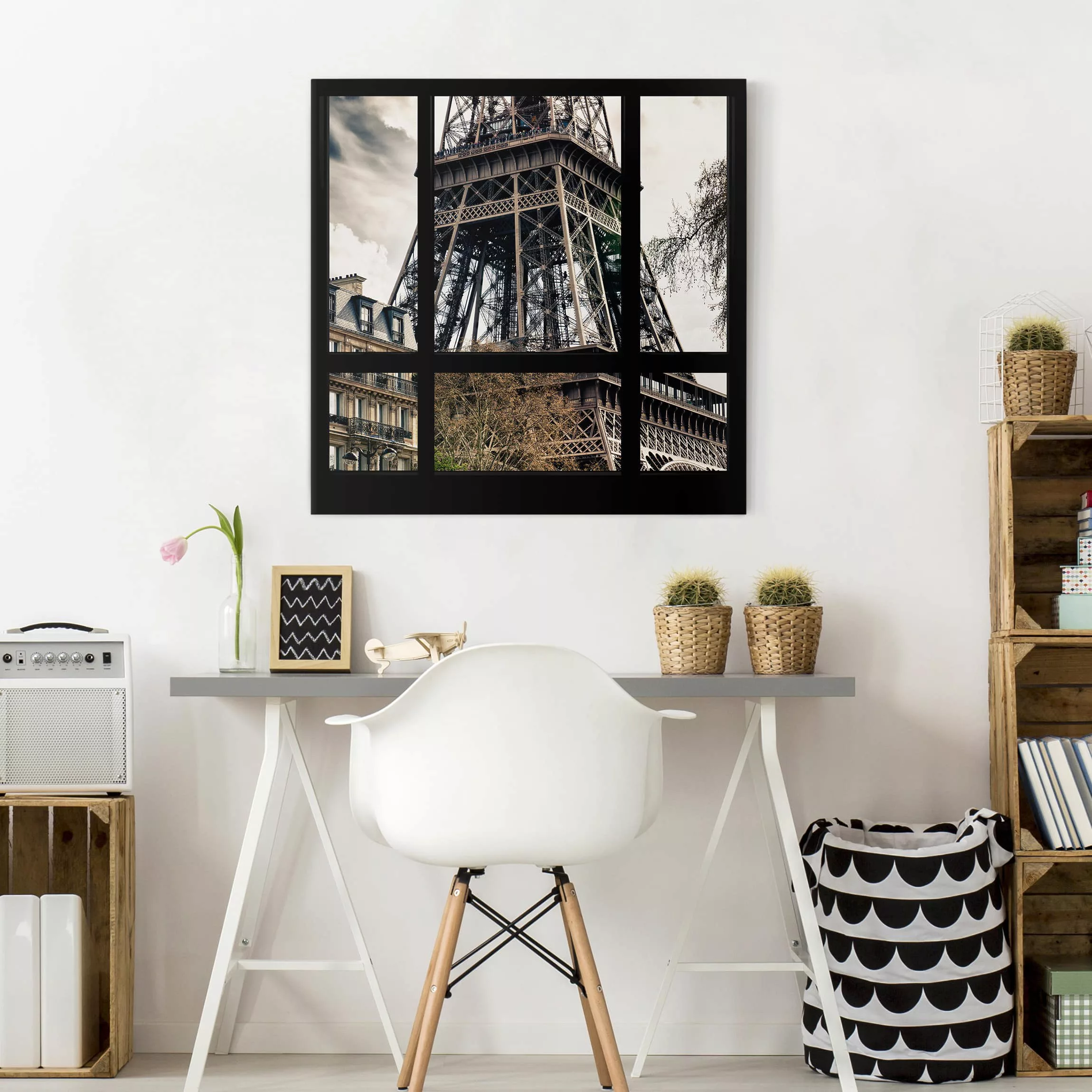 Leinwandbild Paris - Hochformat Fensterausblick Paris - Nahe am Eiffelturm günstig online kaufen