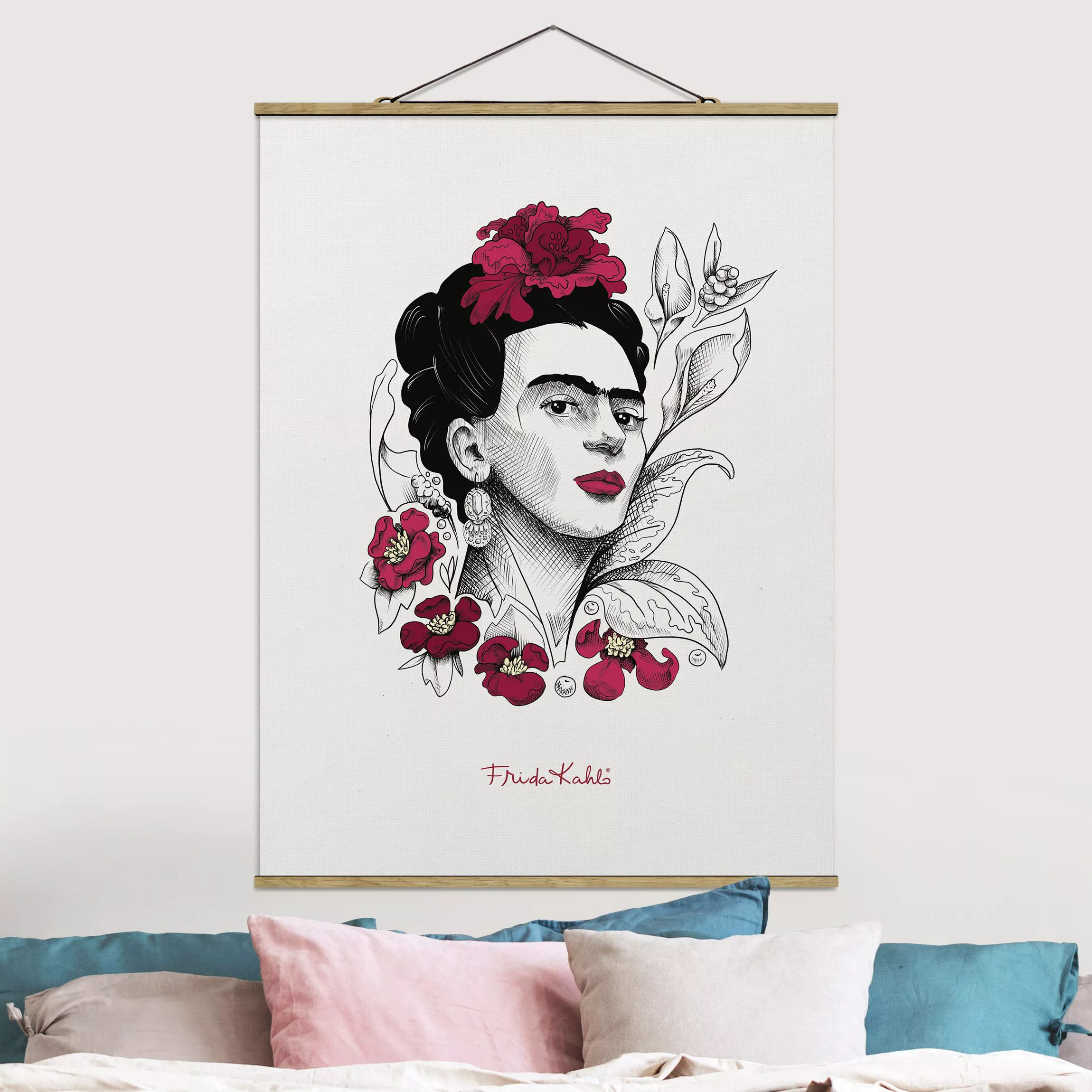 Stoffbild mit Posterleisten Frida Kahlo Portrait mit Blüten günstig online kaufen