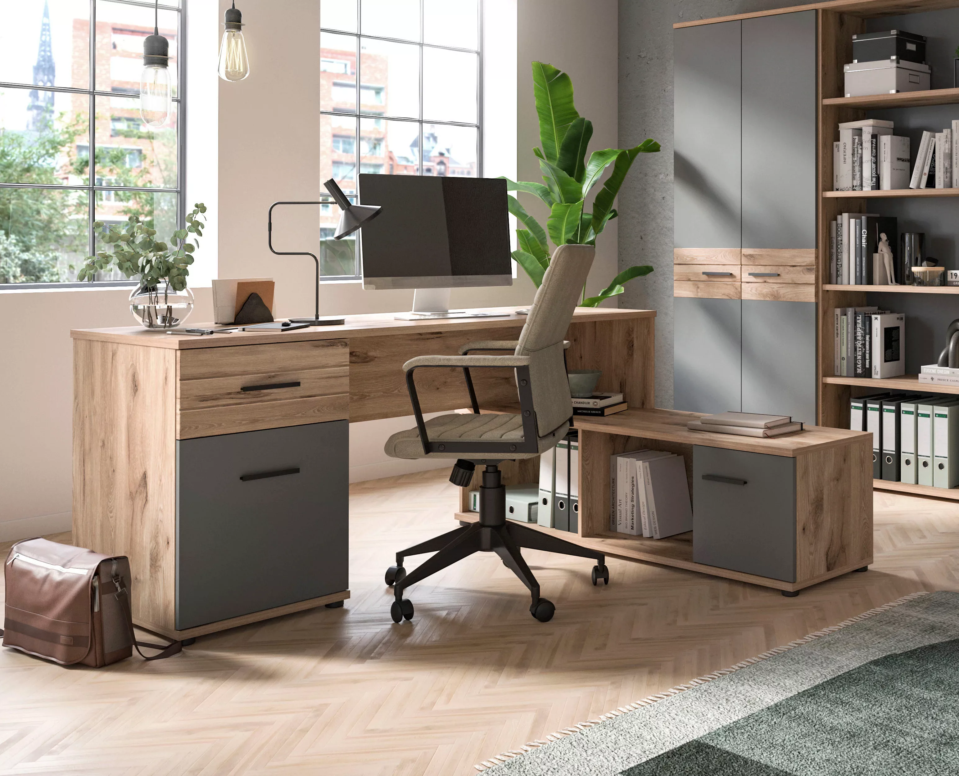 INOSIGN Eckschreibtisch "Riga, Breite 170cm, in Nox Oak Nachbildung und Bas günstig online kaufen