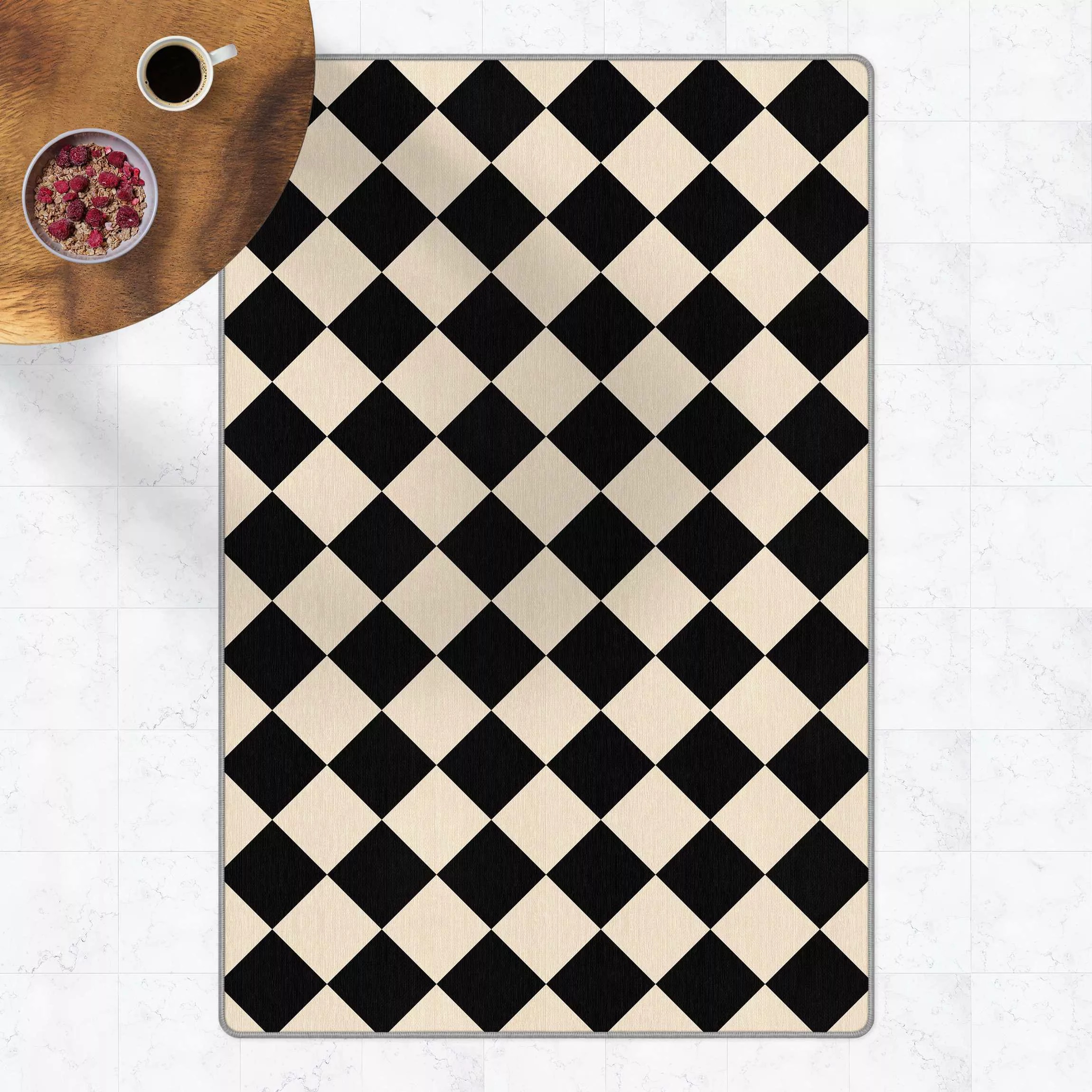 Teppich Geometrisches Muster gedrehtes Schachbrett Schwarz Beige günstig online kaufen