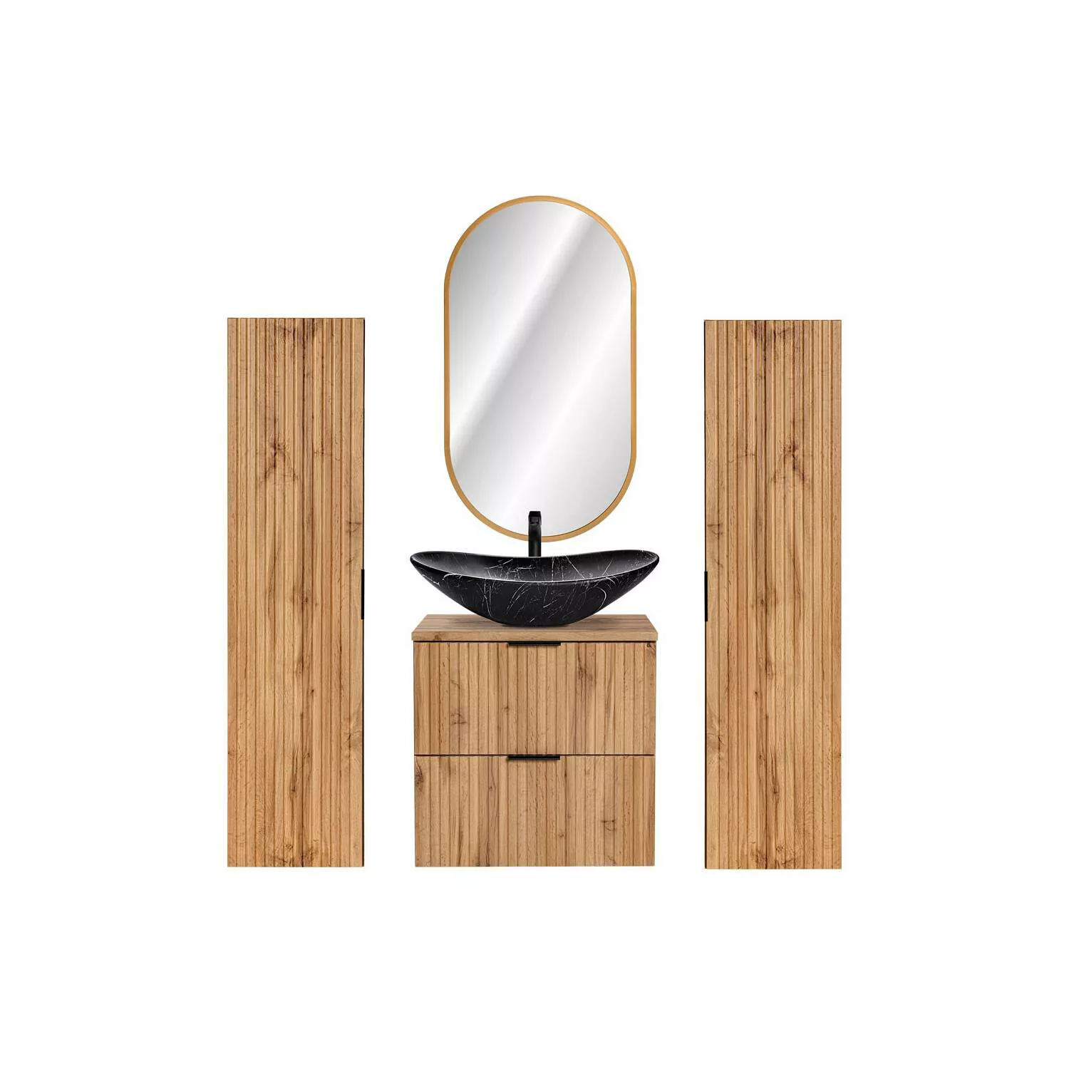 Badmöbel Set Wotaneiche mit Rillenoptik 60 cm Waschtisch-Unterschrank mit K günstig online kaufen