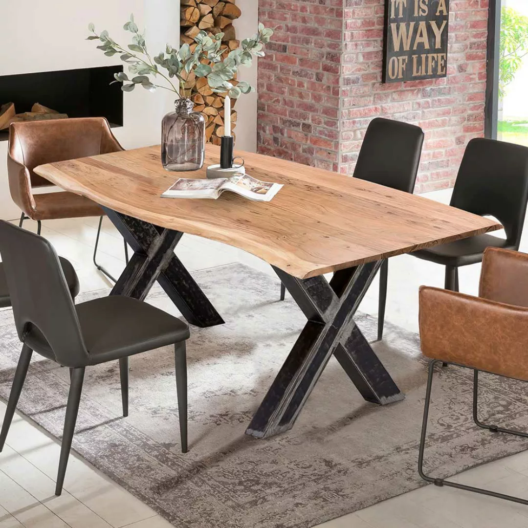 Baumkanten Tisch aus Akazie Massivholz und Metall X Gestell günstig online kaufen