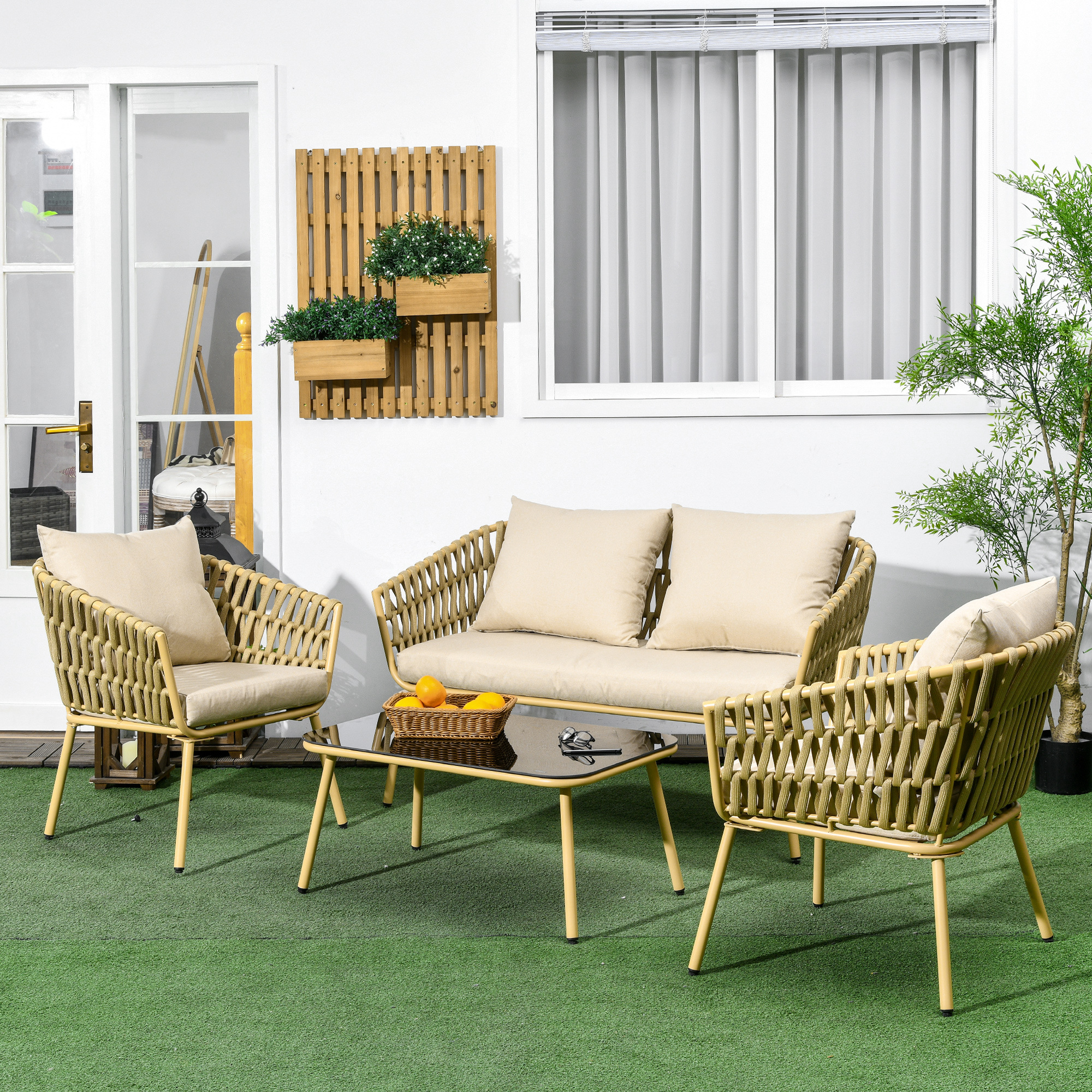 Outsunny 4 tlg Rattan Gartenmöbel Set Sitzgruppe mit 1 Couchtisch 2 Sesseln günstig online kaufen