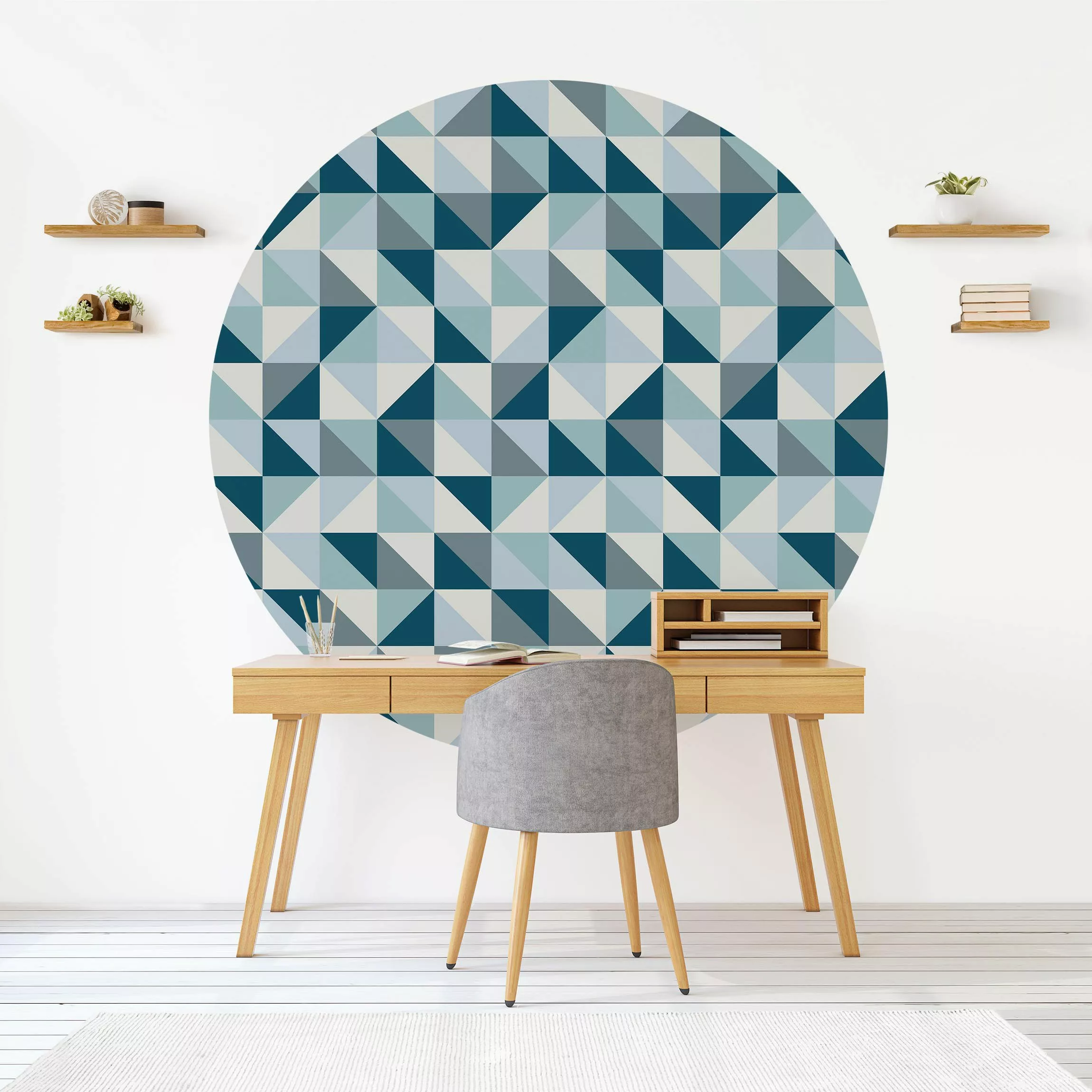 Runde Mustertapete selbstklebend Blaues Dreieck Muster günstig online kaufen