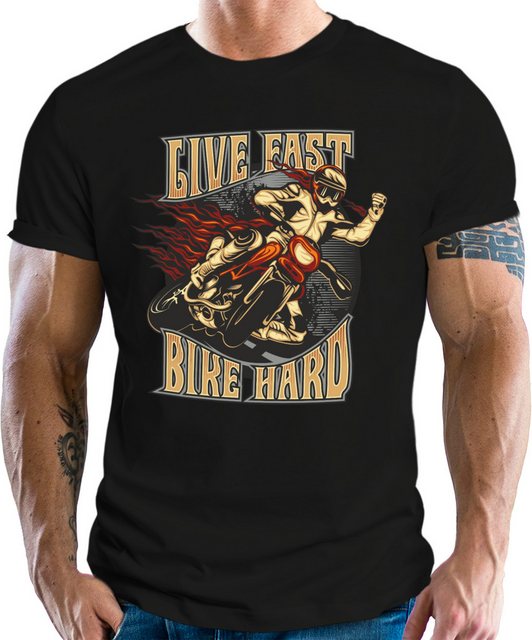 RAHMENLOS® T-Shirt für Biker und Motorradfahrer - Live Fast, Bike Hard günstig online kaufen