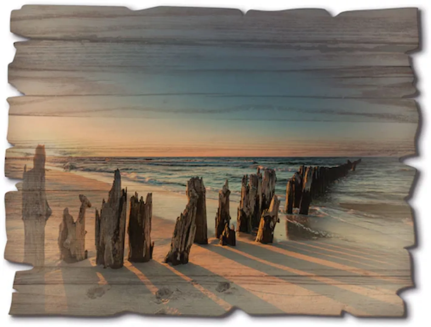 Artland Holzbild "Sonnenuntergang Strand Wellenbrecher", Landschaftsbilder, günstig online kaufen
