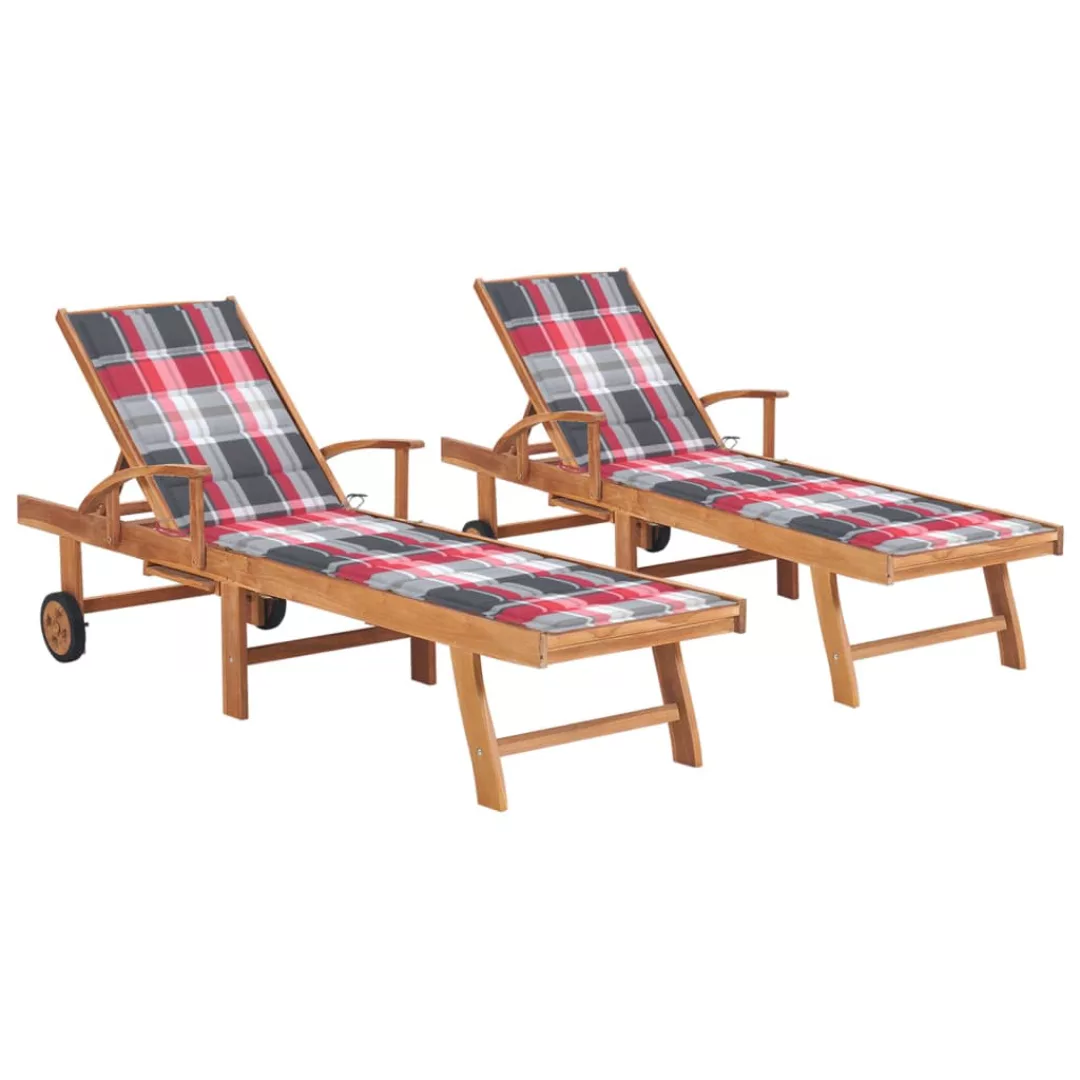 Sonnenliegen 2 Stk. Mit Auflagen Rot Karomuster Massivholz Teak günstig online kaufen