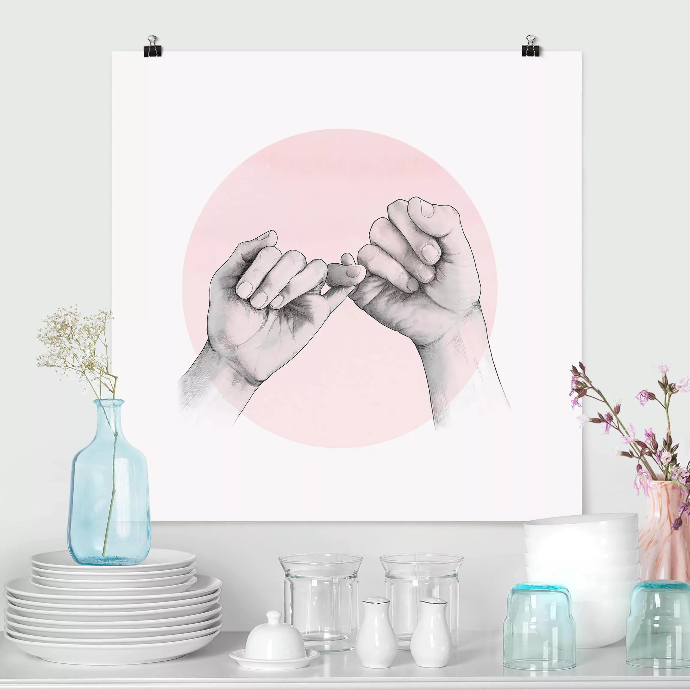 Poster Portrait - Quadrat Illustration Hände Freundschaft Kreis Rosa Weiß günstig online kaufen