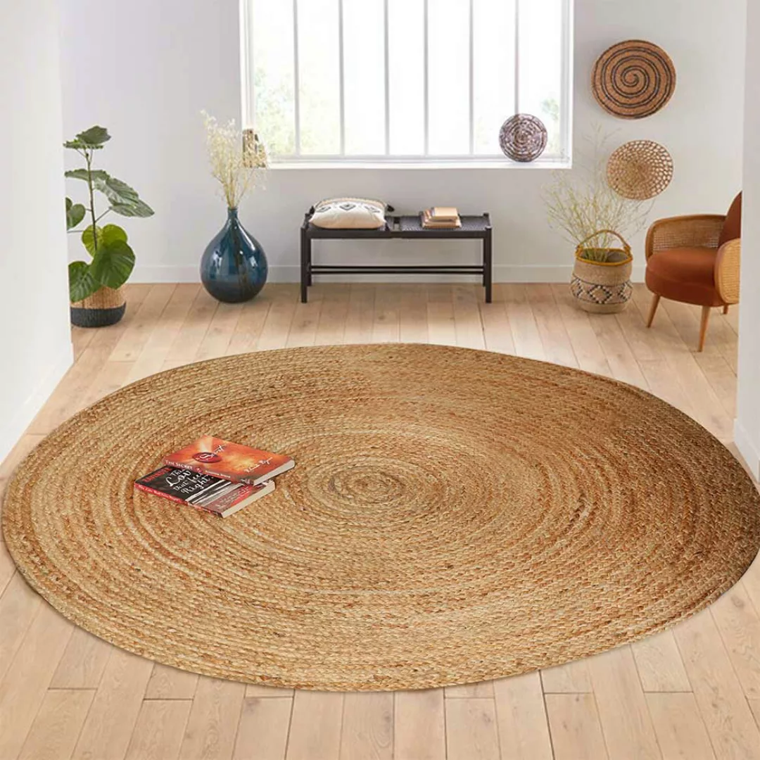 Landhaus Teppich hellbraun aus Jute 150 cm Durchmesser günstig online kaufen