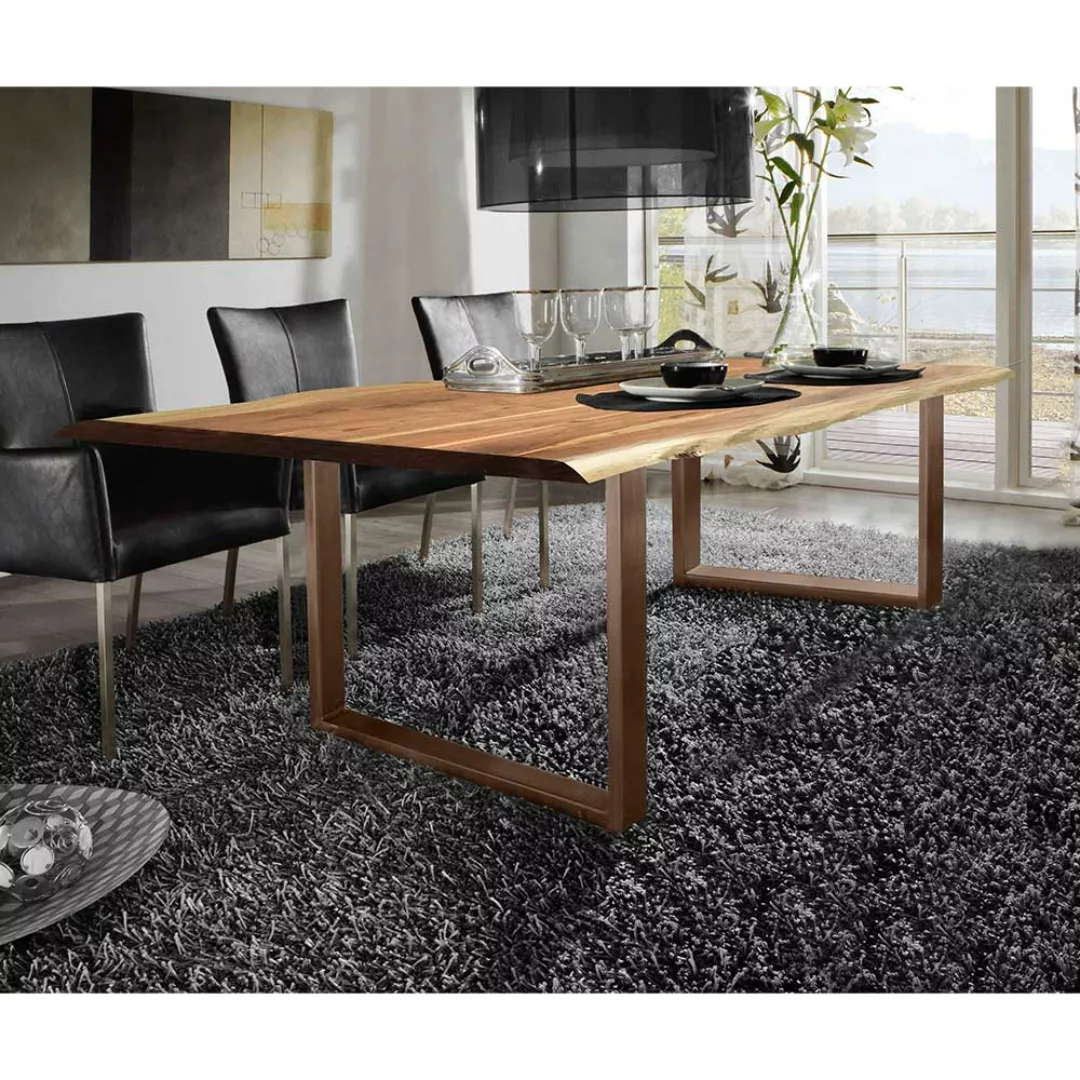 Unikater Tisch aus Akazie Massivholz & Metall Baumkante günstig online kaufen
