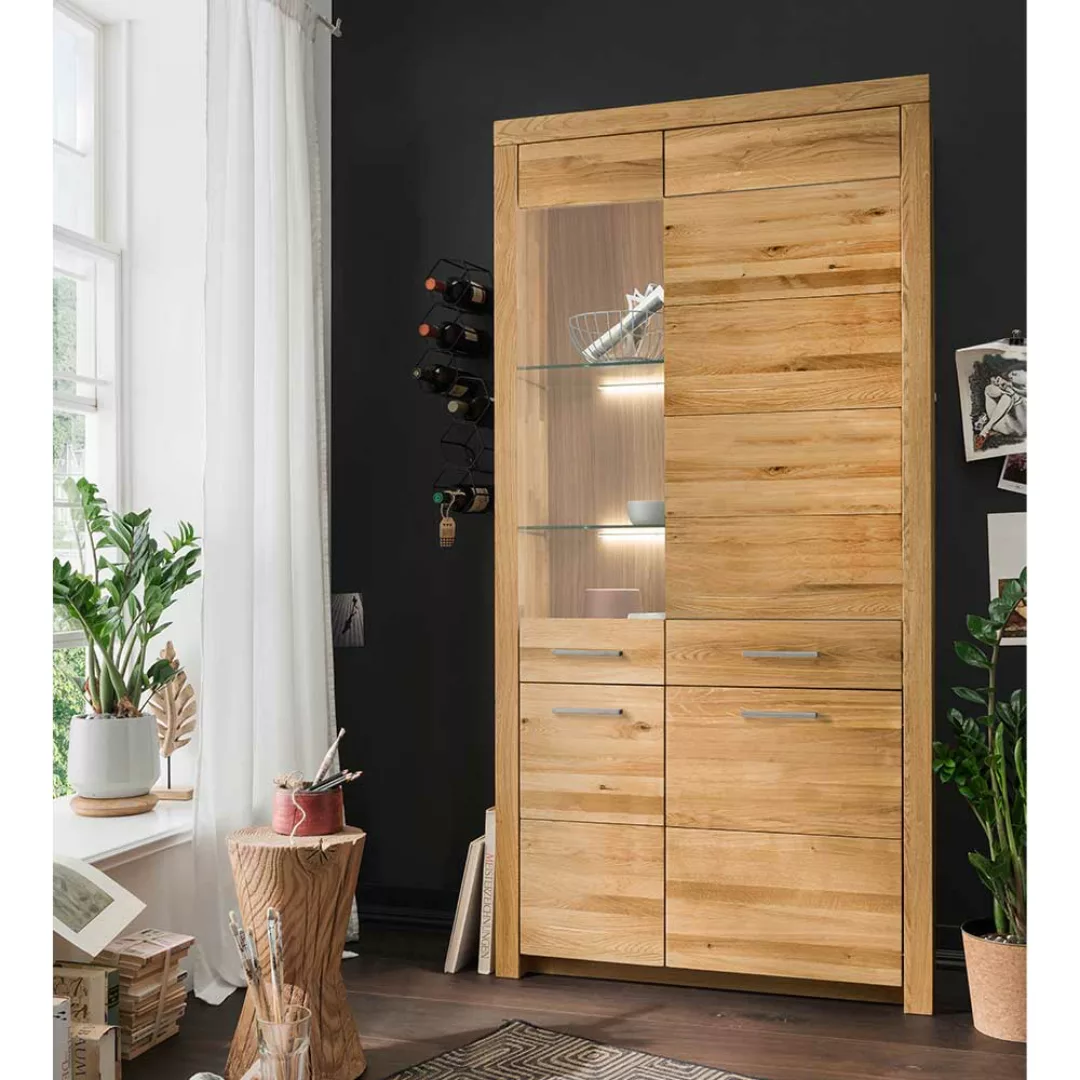 XL Wohnzimmervitrine aus Wildeiche Massivholz Glastür links günstig online kaufen