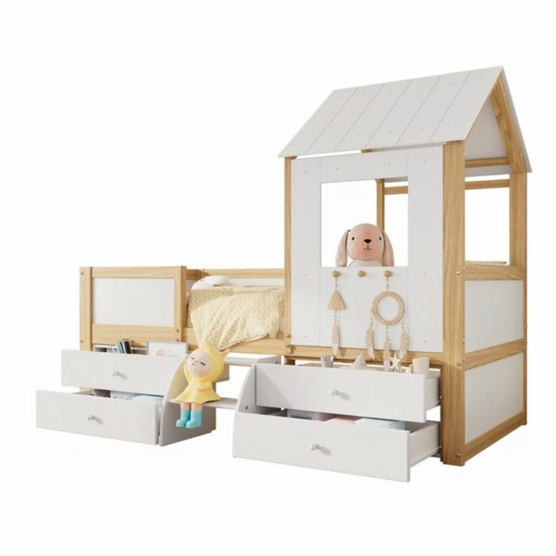 HAUSS SPLOE Kinderbett 90x200cm Hausbett mit Dach und Fenster, Zaun, 4 Schu günstig online kaufen