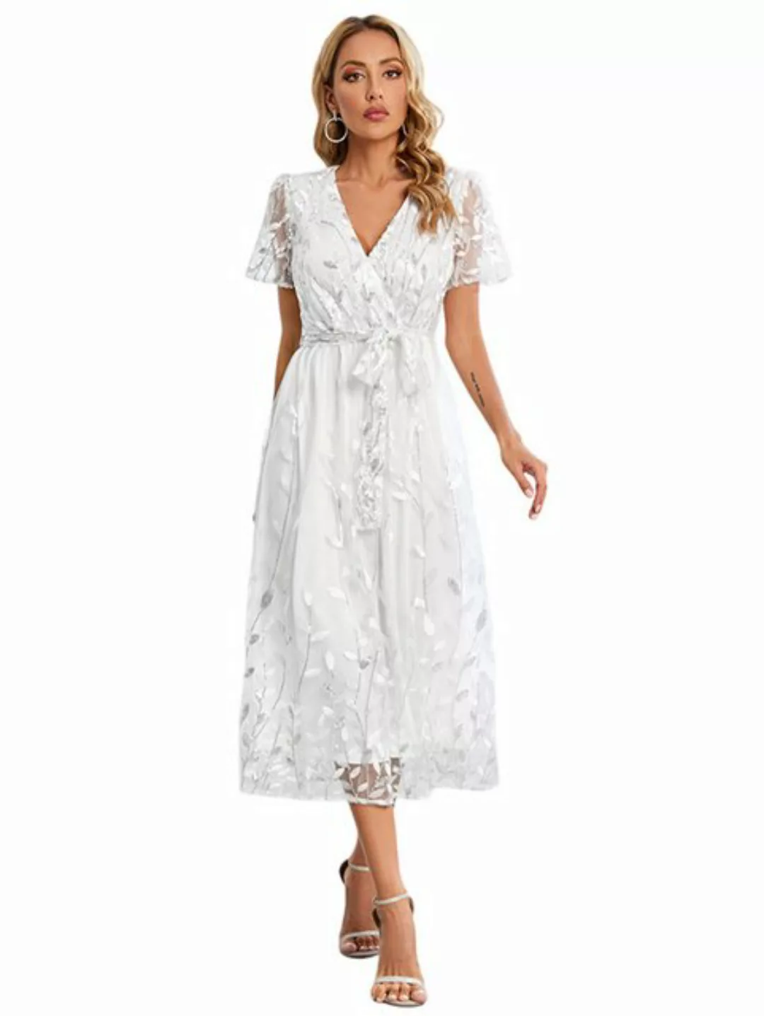 Mayou Abendkleid Damen Elegant Kurzarm V-Ausschnitt Pailletten Stickerei Me günstig online kaufen