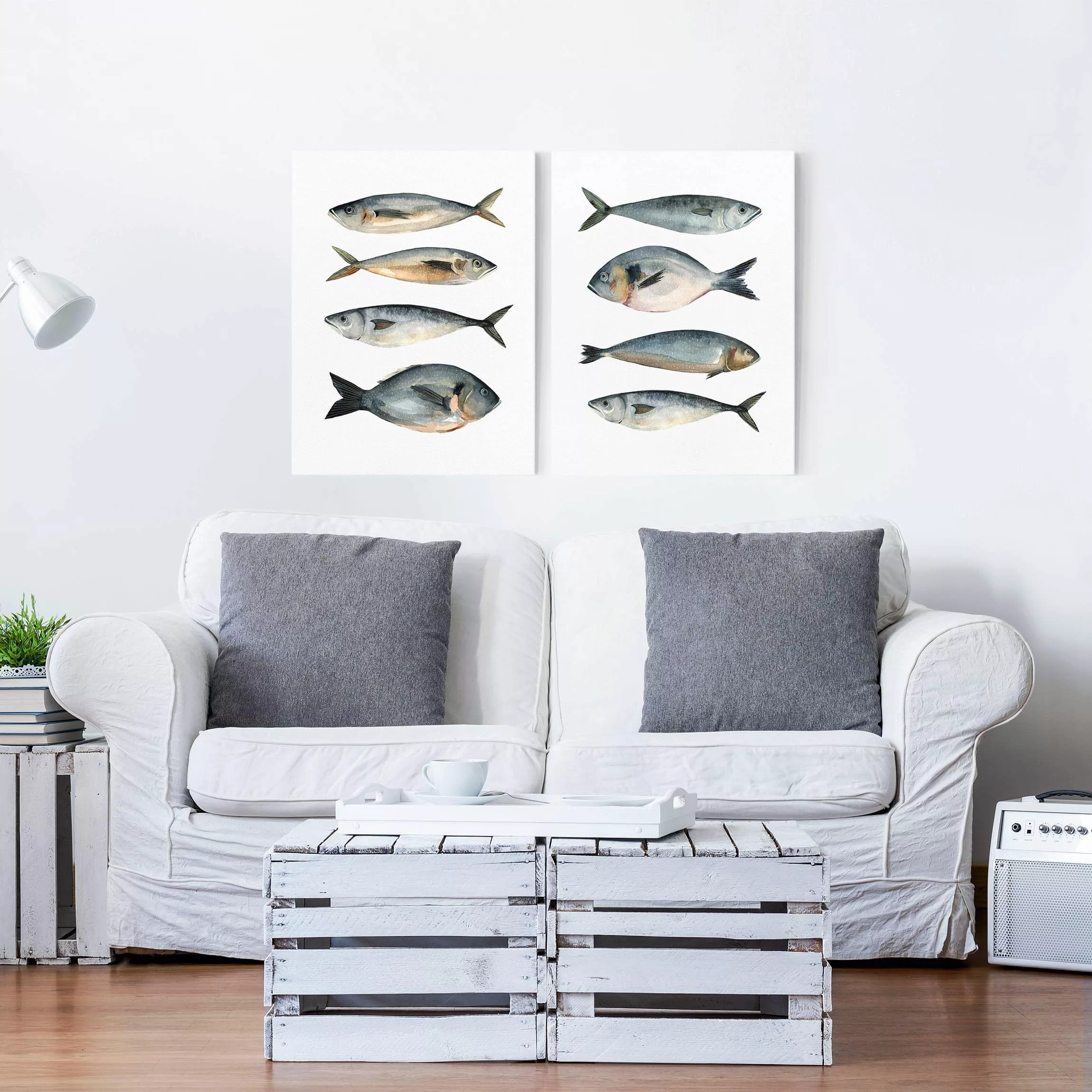 2-teiliges Leinwandbild Küche - Hochformat Acht Fische in Aquarell Set I günstig online kaufen