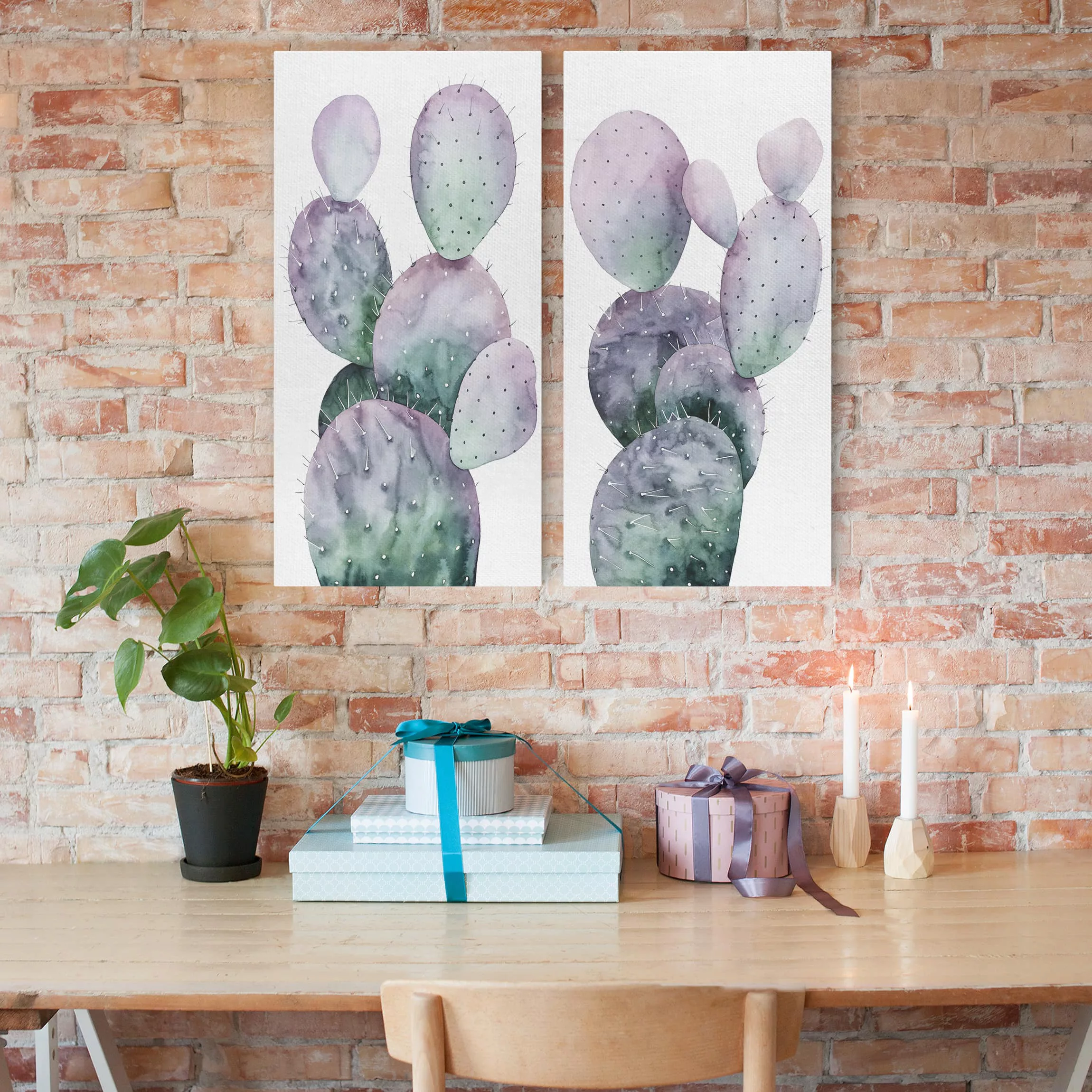 2-teiliges Leinwandbild Botanik - Hochformat Kaktus in Lila Set I günstig online kaufen