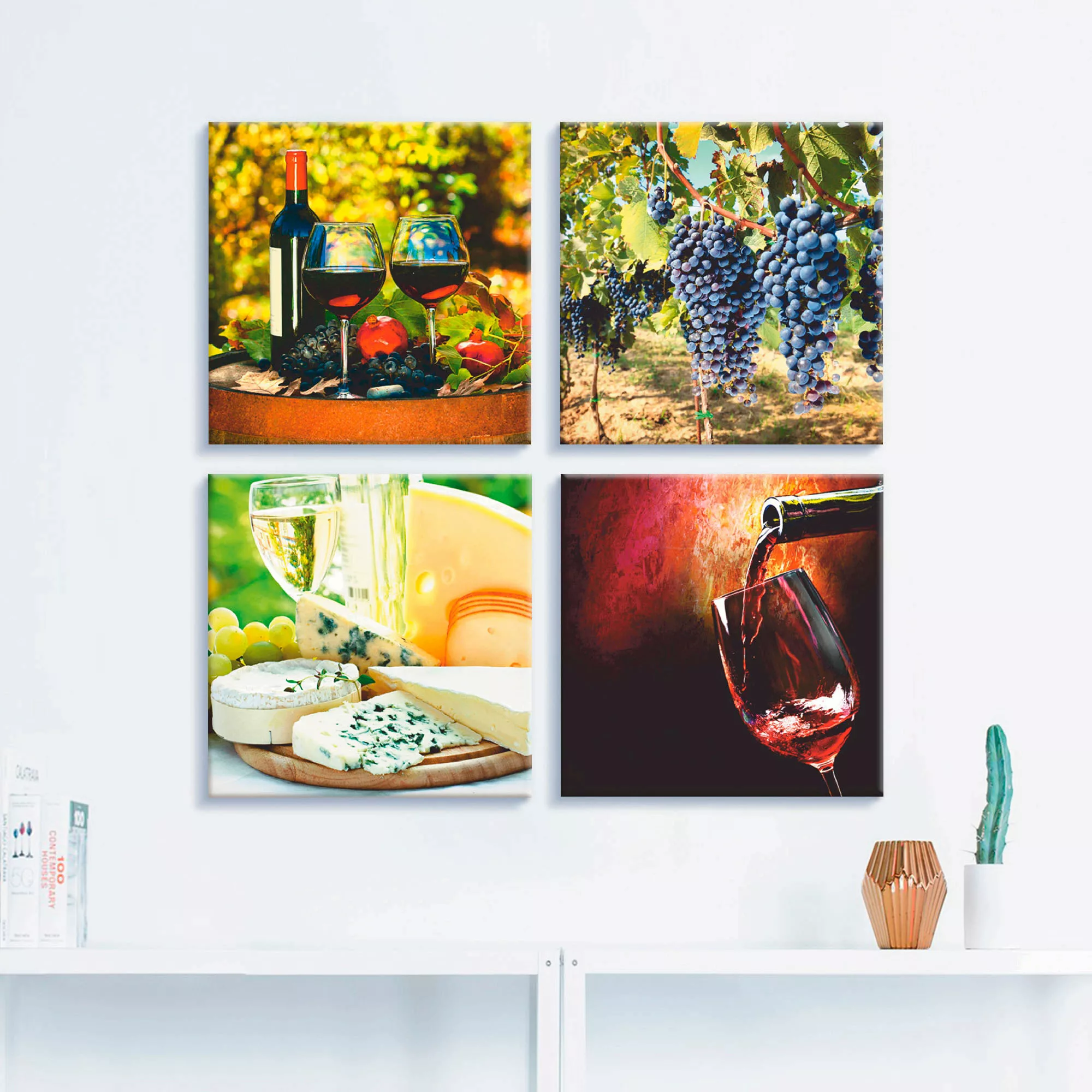 Artland Leinwandbild "Gläser Rotwein, Trauben, Käse", Getränke, (4 St.) günstig online kaufen