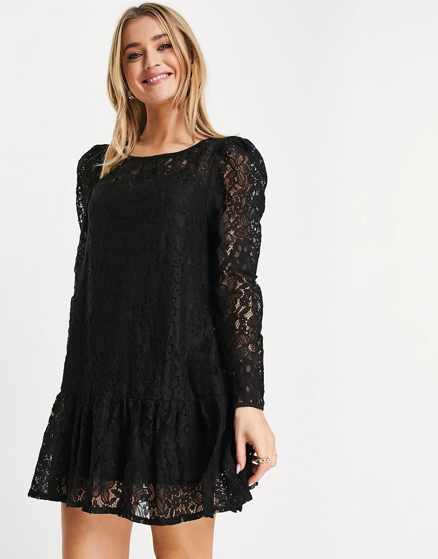 Fashion Union – Mini-Hängerkleid aus Spitze mit Volantsaum in Schwarz günstig online kaufen