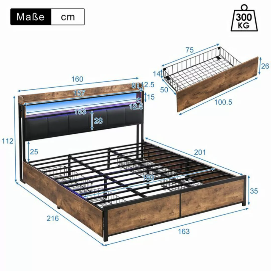 KoDise Polsterbett Stauraumbett Doppelbett Jugendbett mit 4 Schubladen,LED- günstig online kaufen