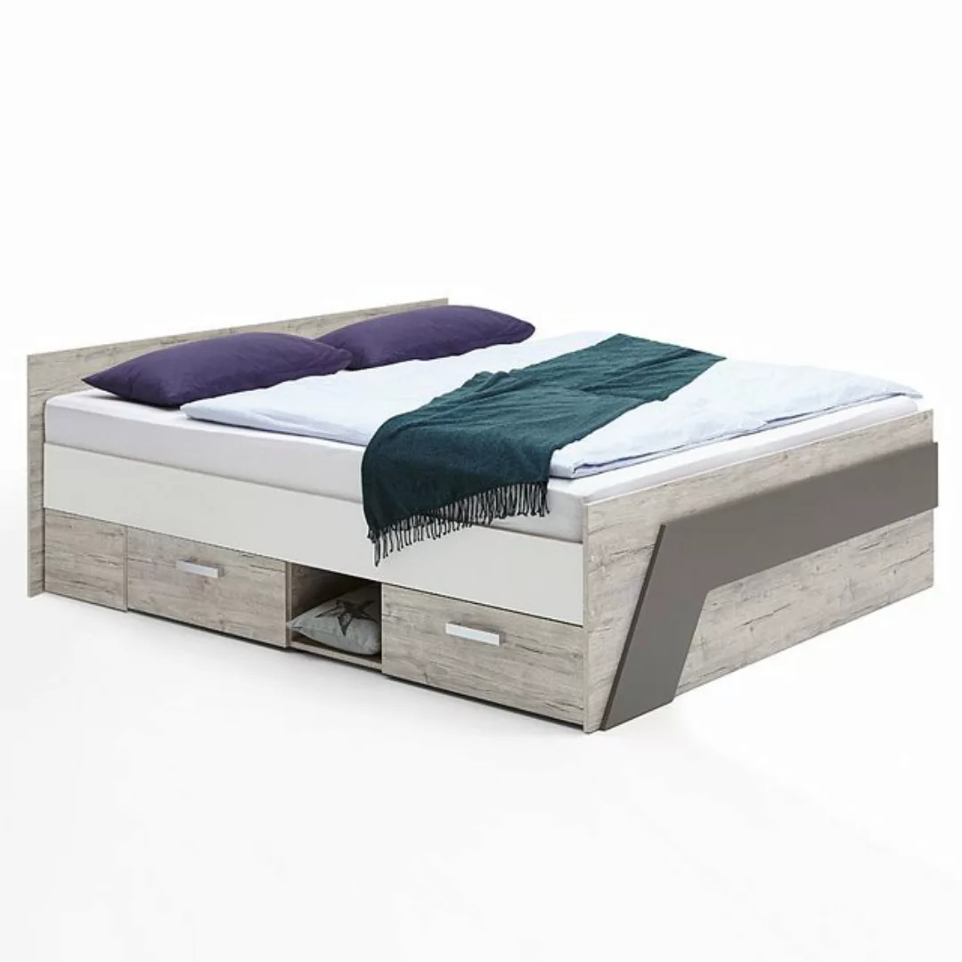 Lomadox Jugendbett 140x200 cm LEEDS-10 mit 2 Schubkästen, Sandeiche Nb./wei günstig online kaufen