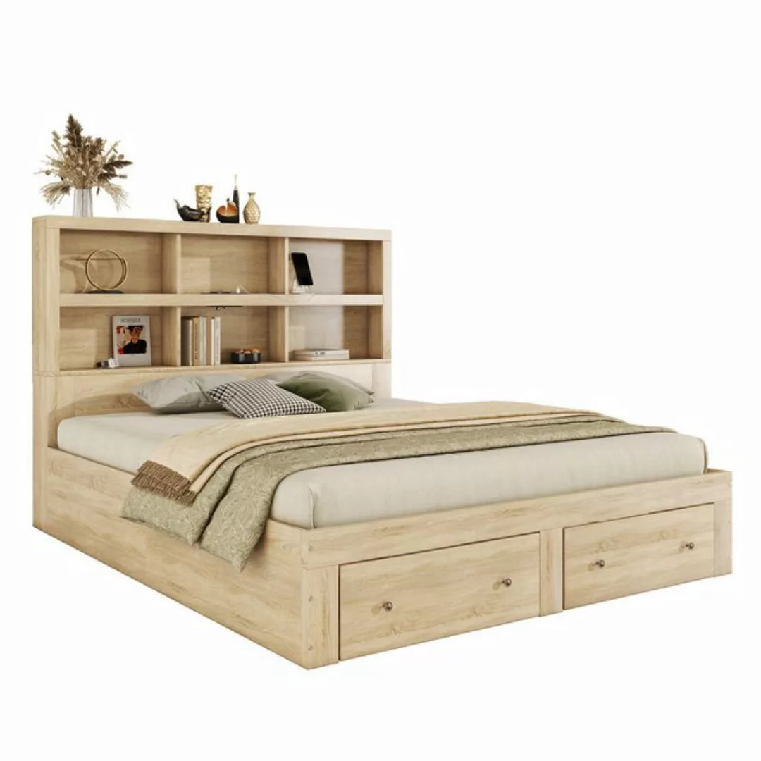 OKWISH Bett Doppelbett, Kingsize-Plattformbett, Holzbett, Lagerungsbett (Ko günstig online kaufen