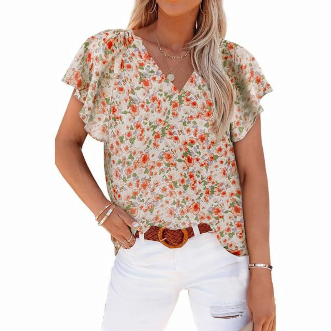 RUZU UG T-Shirt Lässiger und vielseitiger Pullover mit Blumenmuster und V-A günstig online kaufen