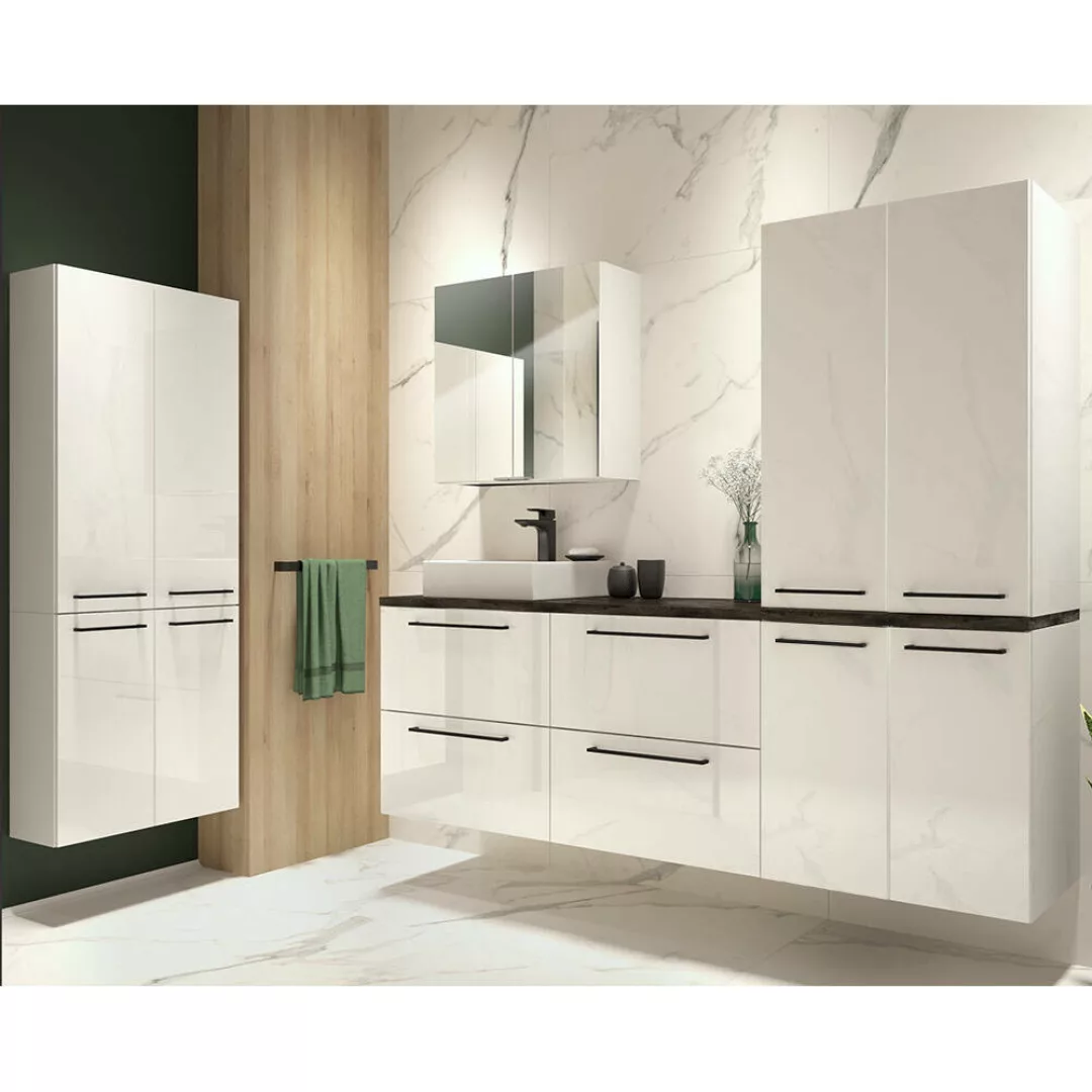 Lomadox Badezimmer Set in weiß Hochglanz lackiert mit Metallgriffen in schw günstig online kaufen