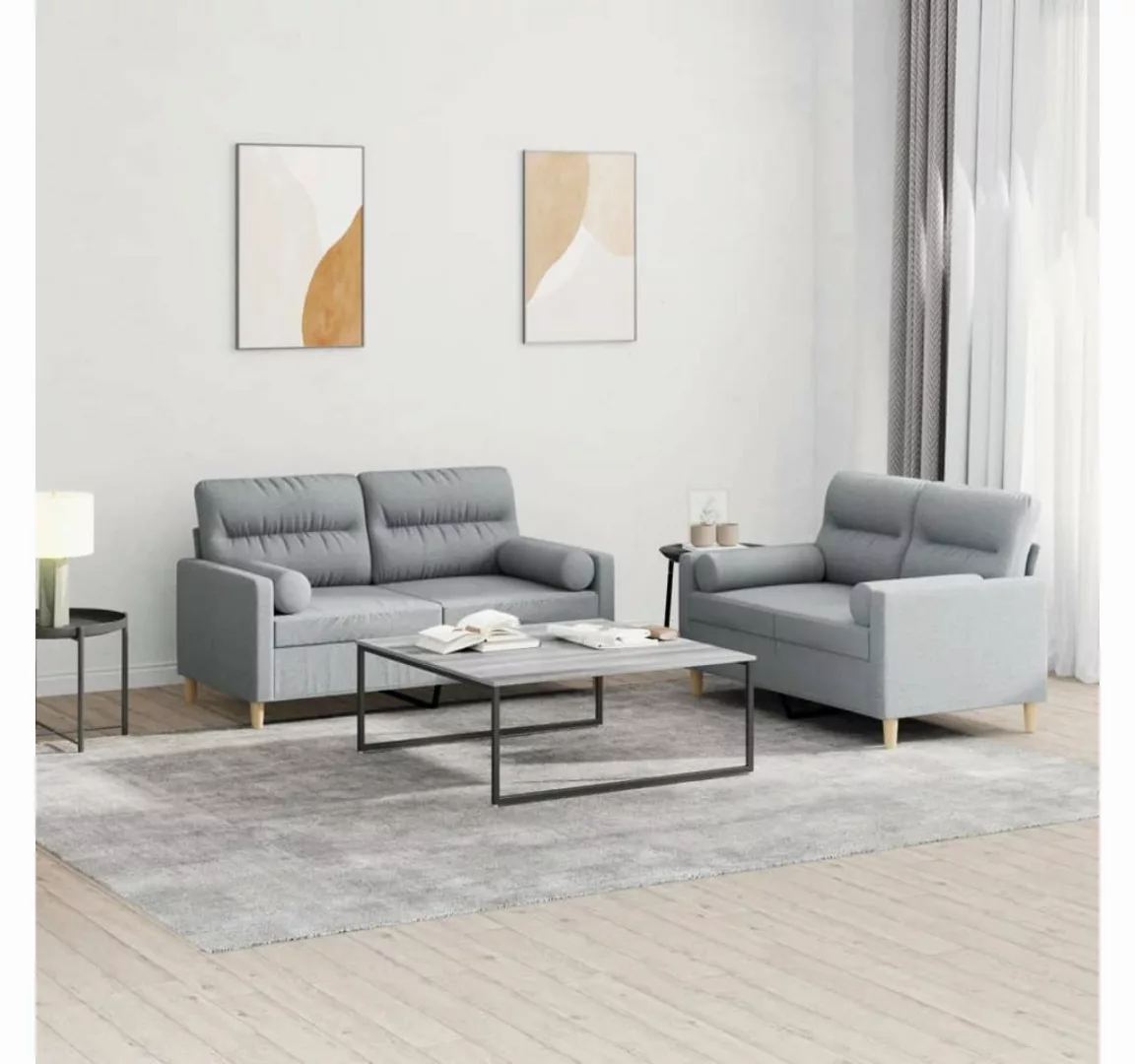 vidaXL Sofa Sofagarnitur Set mit Kissen Stoff, 2-tlg., Hellgrau günstig online kaufen