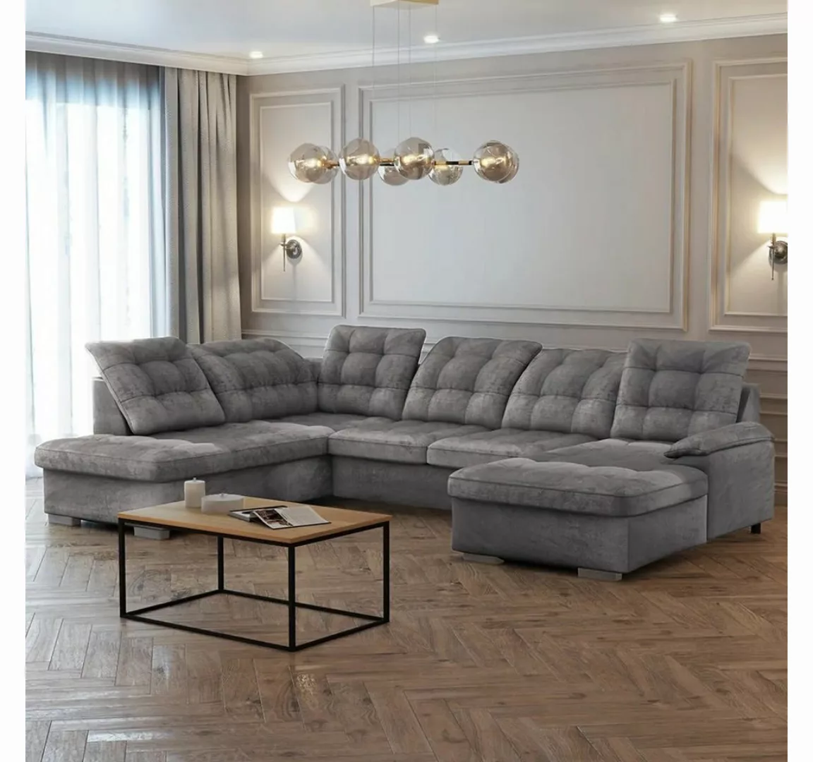 DB-Möbel Ecksofa "Bloow" Schlafsofa in U-Form Grau, Ottomane rechts. günstig online kaufen