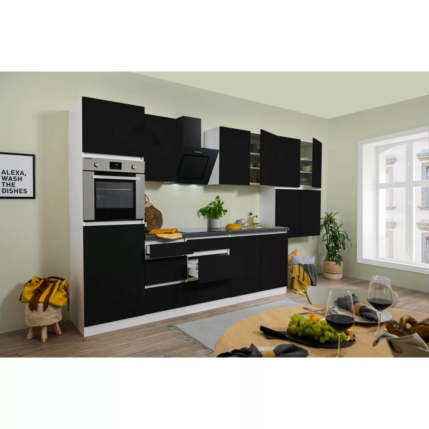 Respekta Küchenzeile GLRP370HWS Grifflos 370 cm Schwarz Hochglanz-Weiß günstig online kaufen