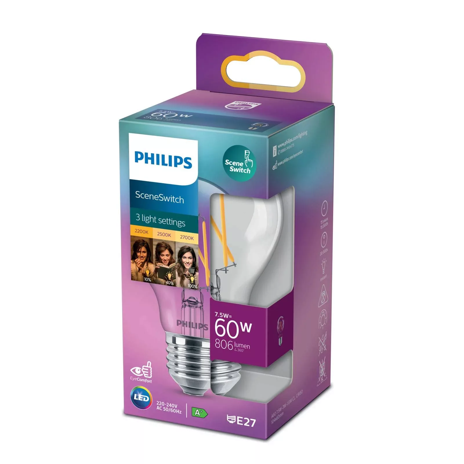 Philips LED Filament Lampe ersetzt 60W E27 Birne - A60 7,5W 806lm 2200-2700 günstig online kaufen