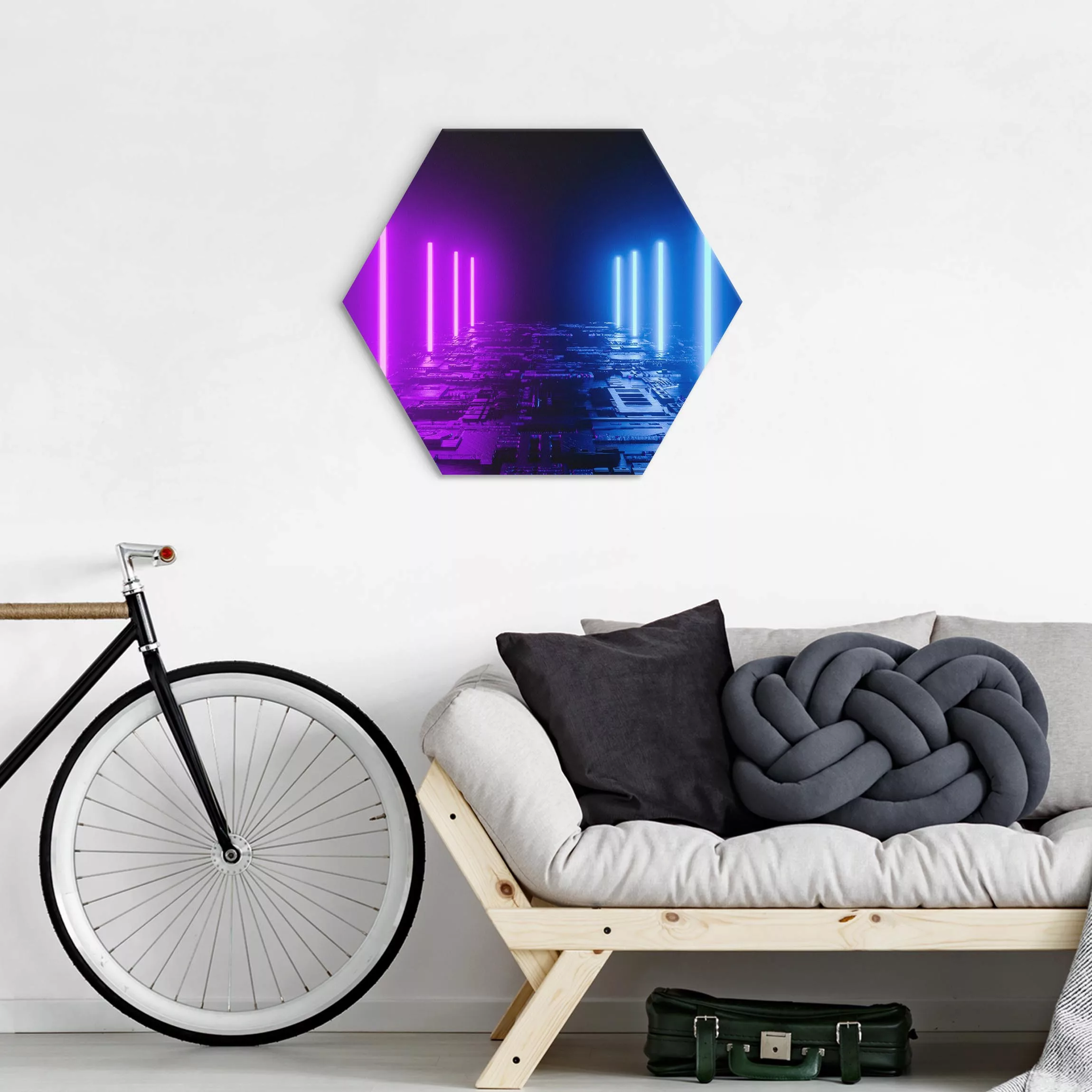 Hexagon-Alu-Dibond Bild Neonlichter in Lila und Blau günstig online kaufen