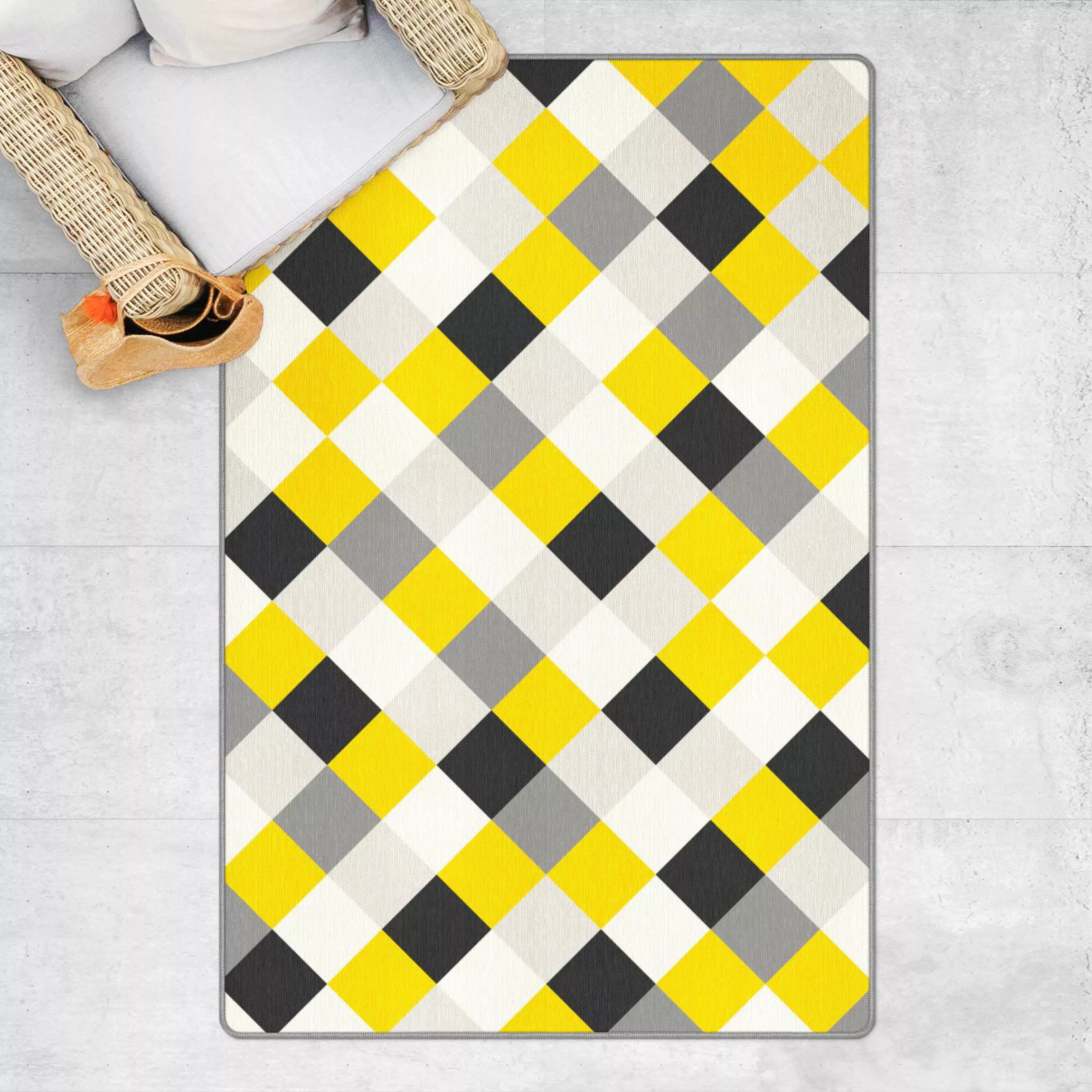 Teppich Geometrisches Muster gedrehtes Schachbrett Gelb günstig online kaufen