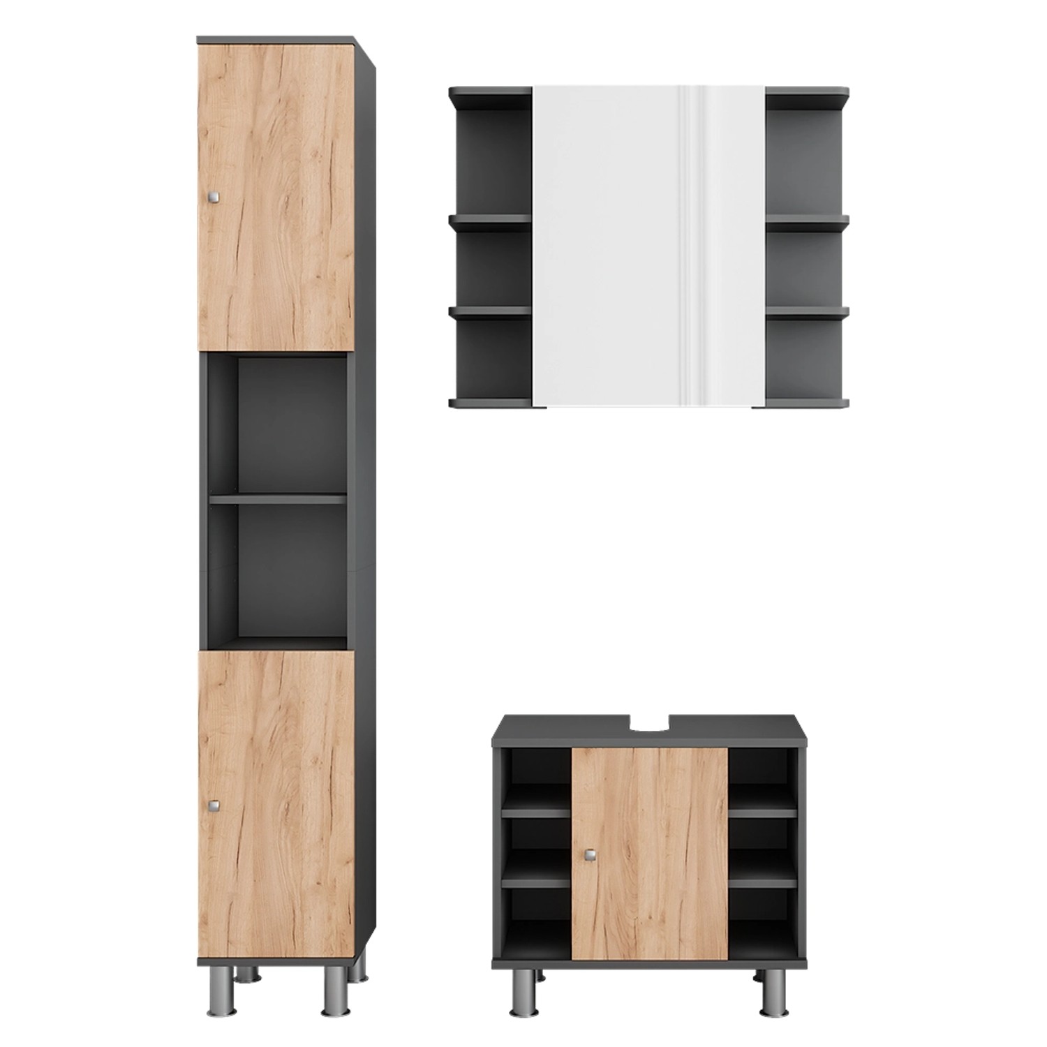 Vicco Badmöbel-Set Fynn Anthrazit/Goldkraft Eiche 3 Teile mit Hochschrank günstig online kaufen