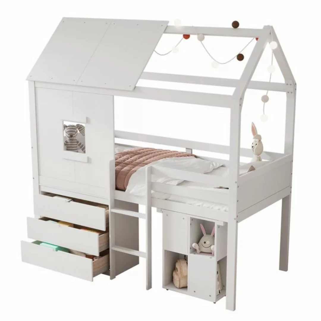 NMonet Hochbett Hausbett 90x200cm Kinderbett, mit ausziehbarer Tisch und dr günstig online kaufen