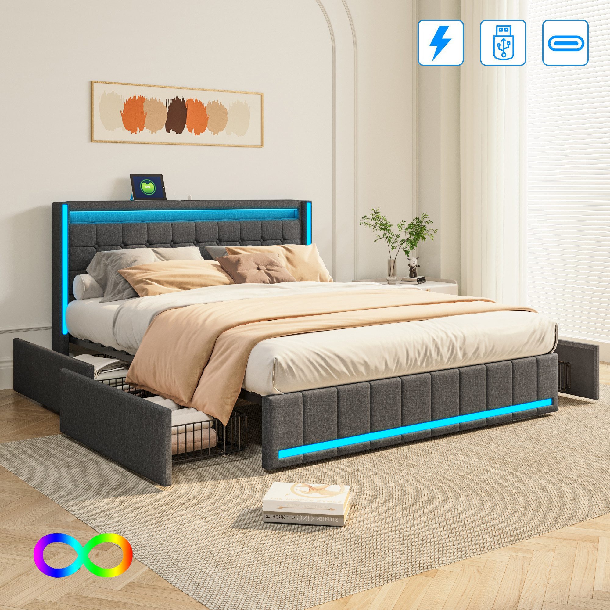 Furnishings Home Polsterbett Stauraumbett Doppelbett LED günstig online kaufen