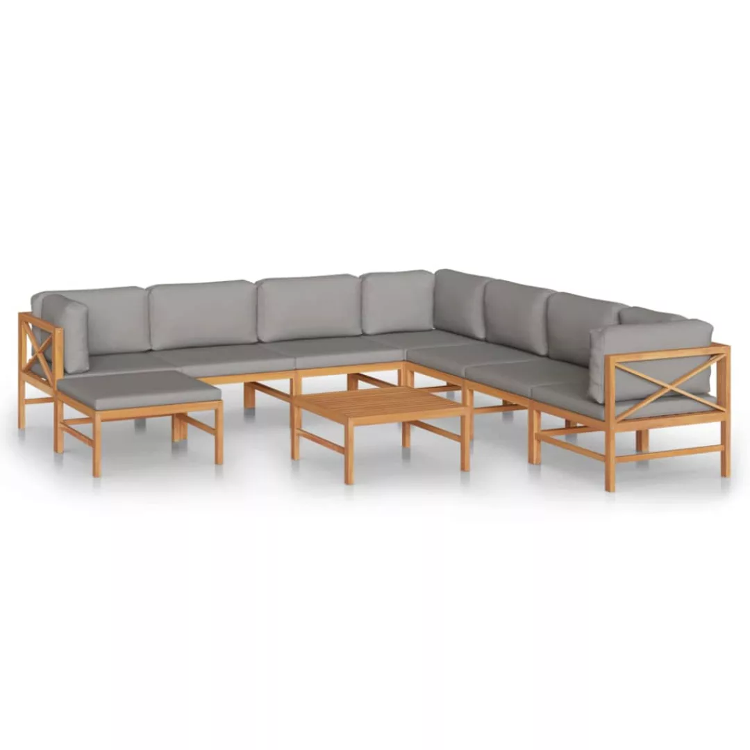 9-tlg. Garten-lounge-set Mit Grauen Kissen Massivholz Teak günstig online kaufen