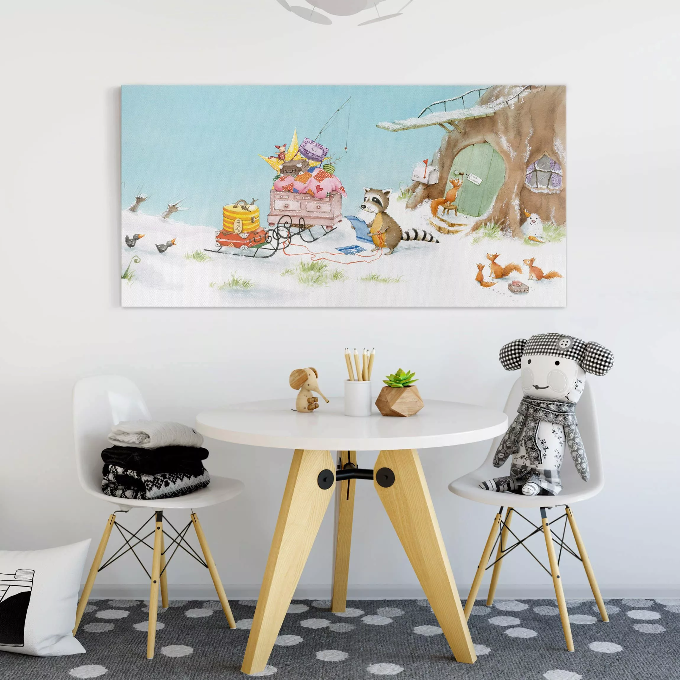 Leinwandbild Kinderzimmer - Querformat Wassili Waschbär - Wassili zieht um günstig online kaufen