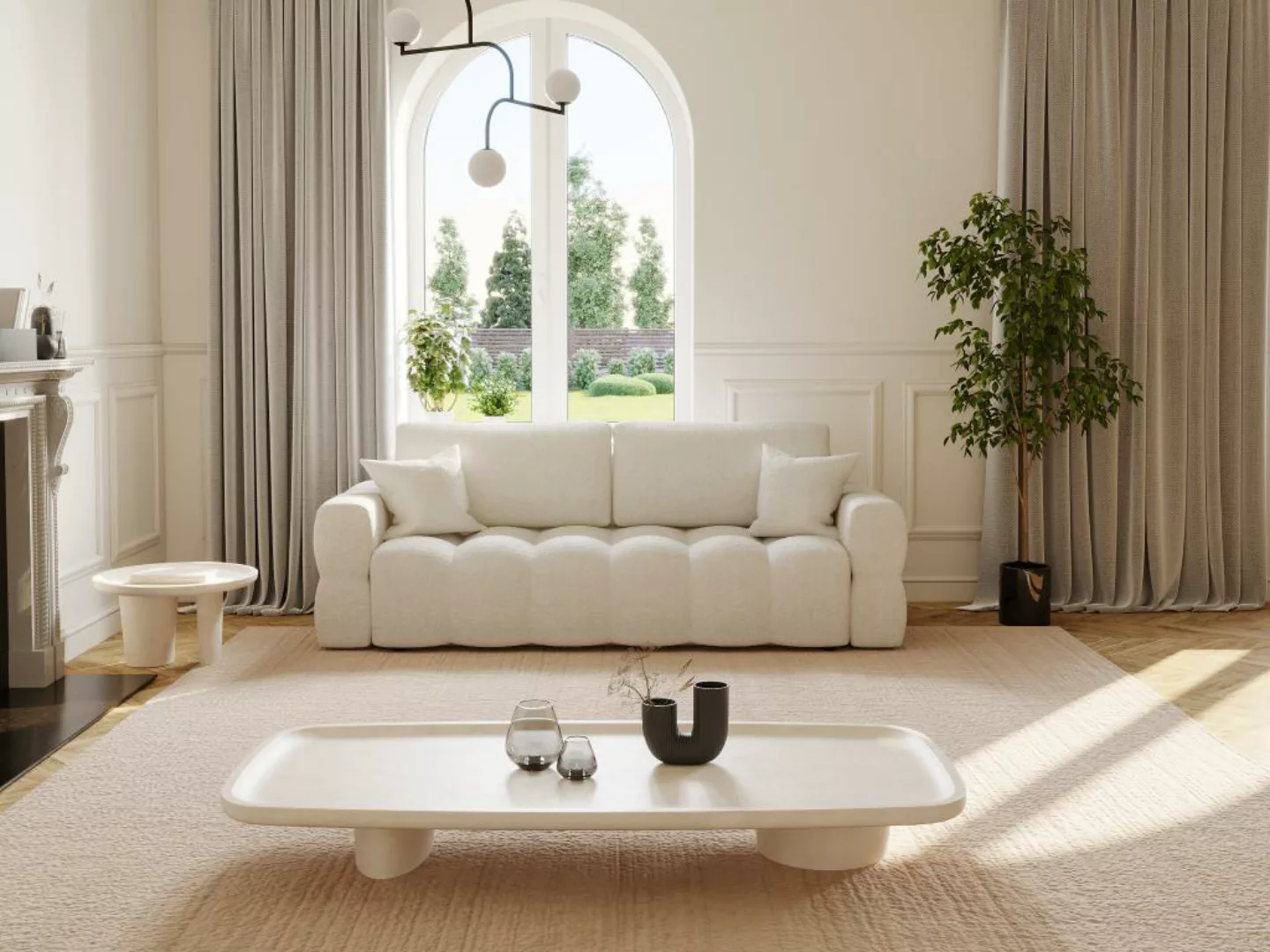 Sofa 3-Sitzer mit Schlaffunktion - Bouclé - Stoff - Cremefarben - ISSORO günstig online kaufen
