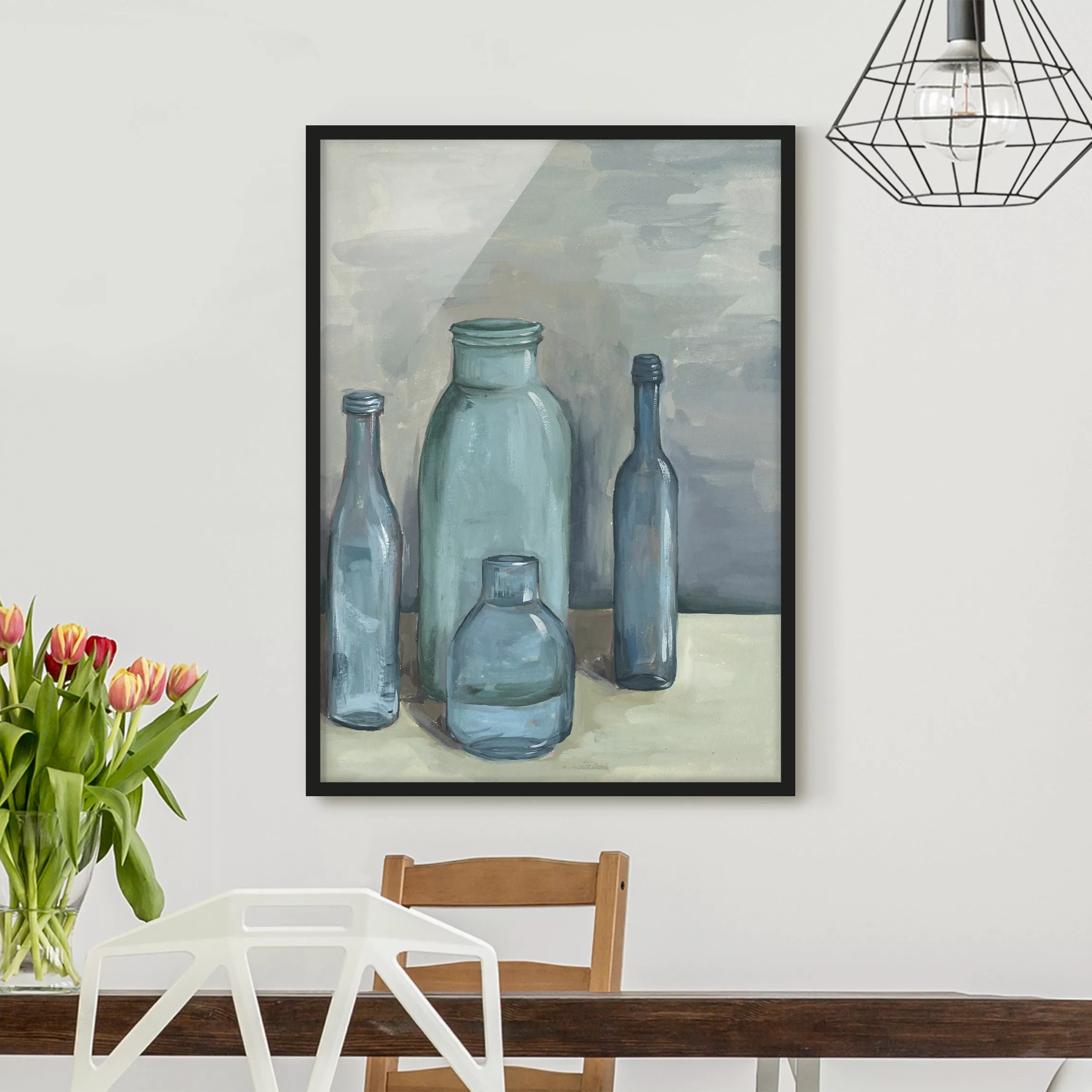 Bild mit Rahmen Küche - Hochformat Stillleben mit Glasflaschen II günstig online kaufen