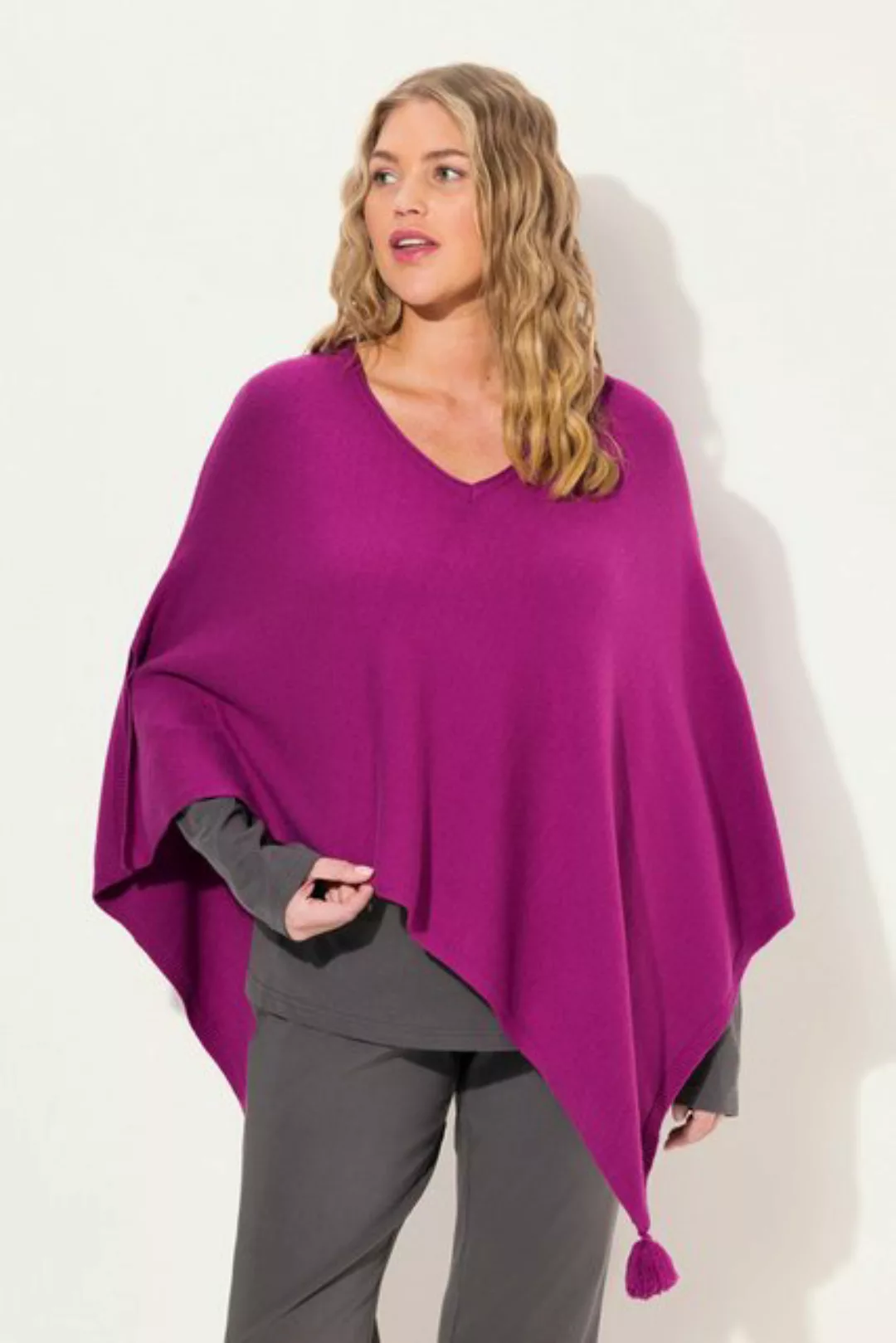 Ulla Popken Strickpullover Strick-Poncho Zipfelsaum Quaste V-Ausschnitt günstig online kaufen