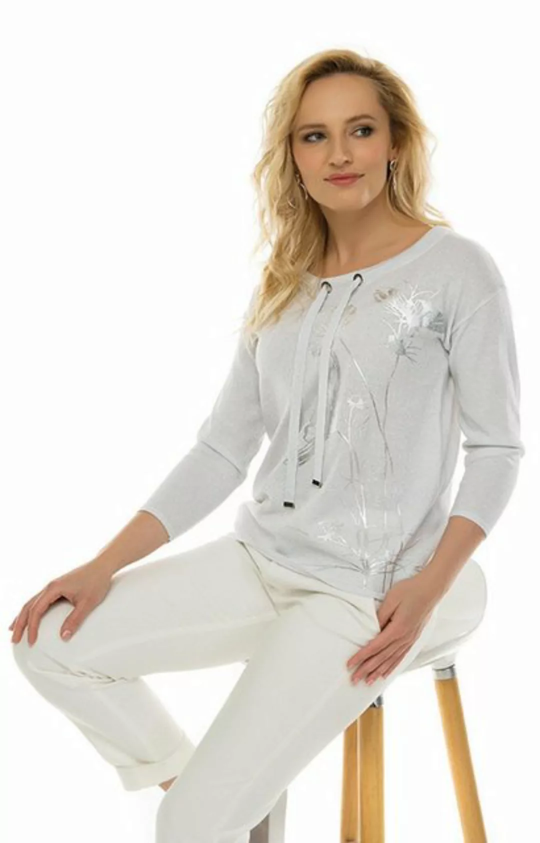 Passioni Langarmshirt Sportiver Pullover mit Silberschimmer und floralen De günstig online kaufen