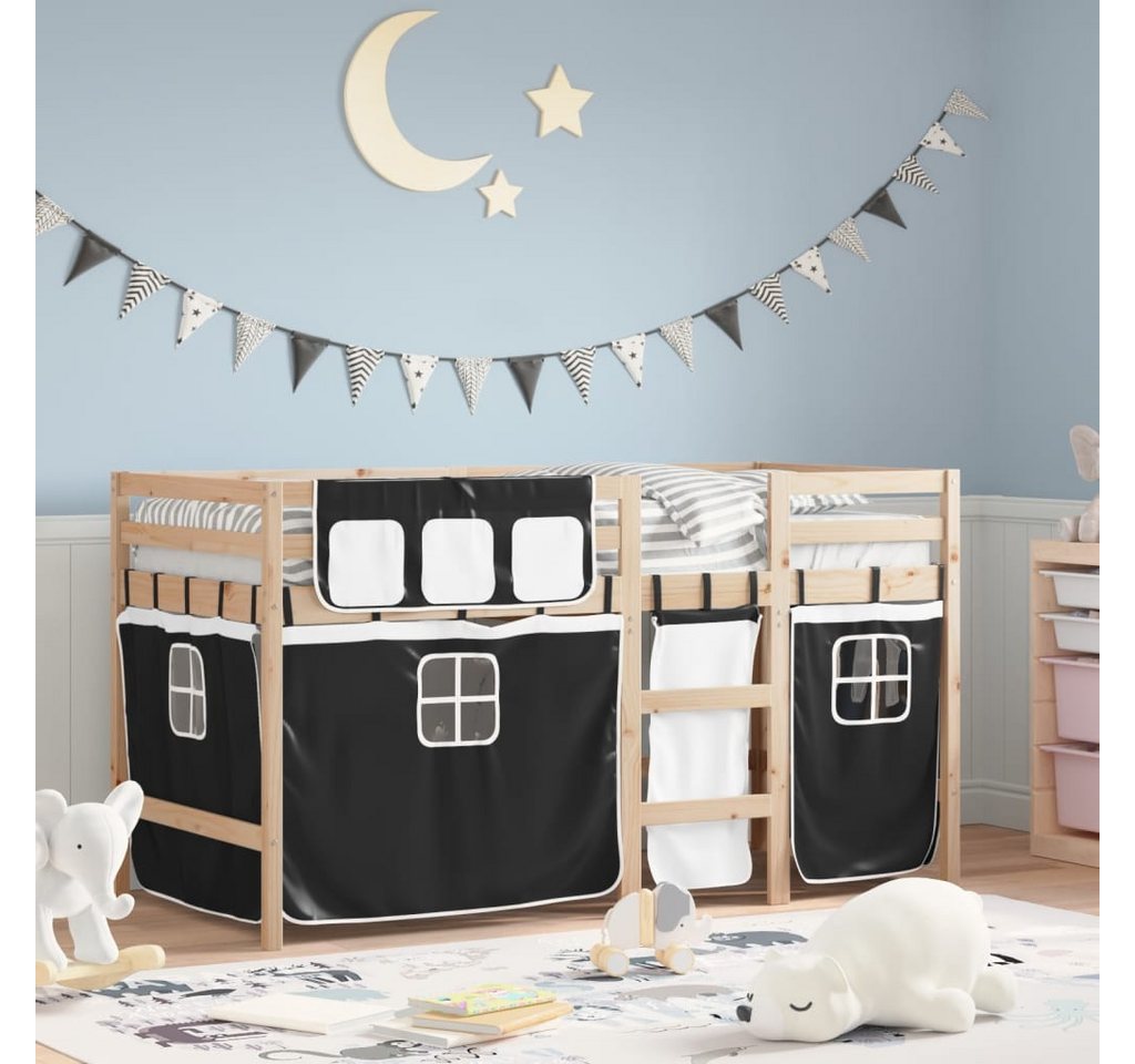 vidaXL Bett Kinderhochbett mit Vorhängen Weiß Schwarz 90x200 cm Kiefernholz günstig online kaufen